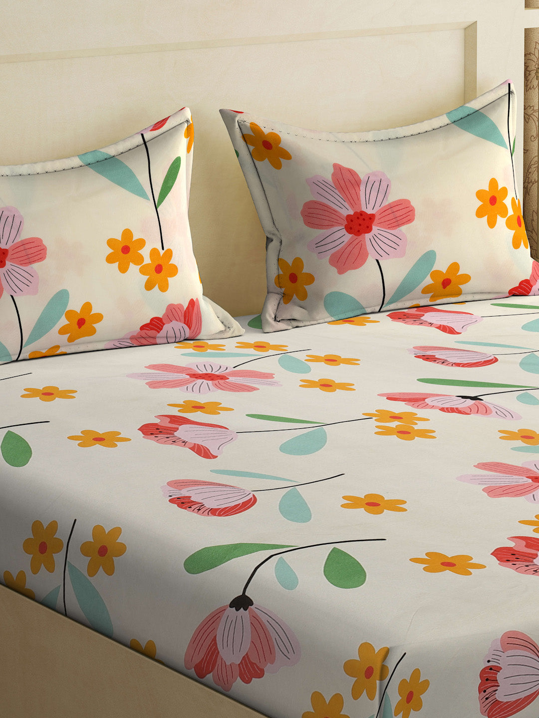 Klotthe Cream Floral 300 TC Cotton Blend Double Bedsheet with 2 Pillow Covers