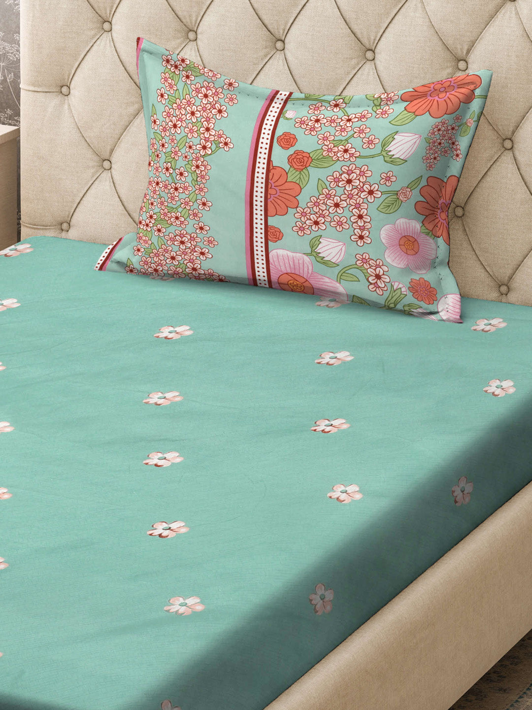 Klotthe Green Floral 300 TC Cotton Blend Single Bedsheet with Pillow Cover