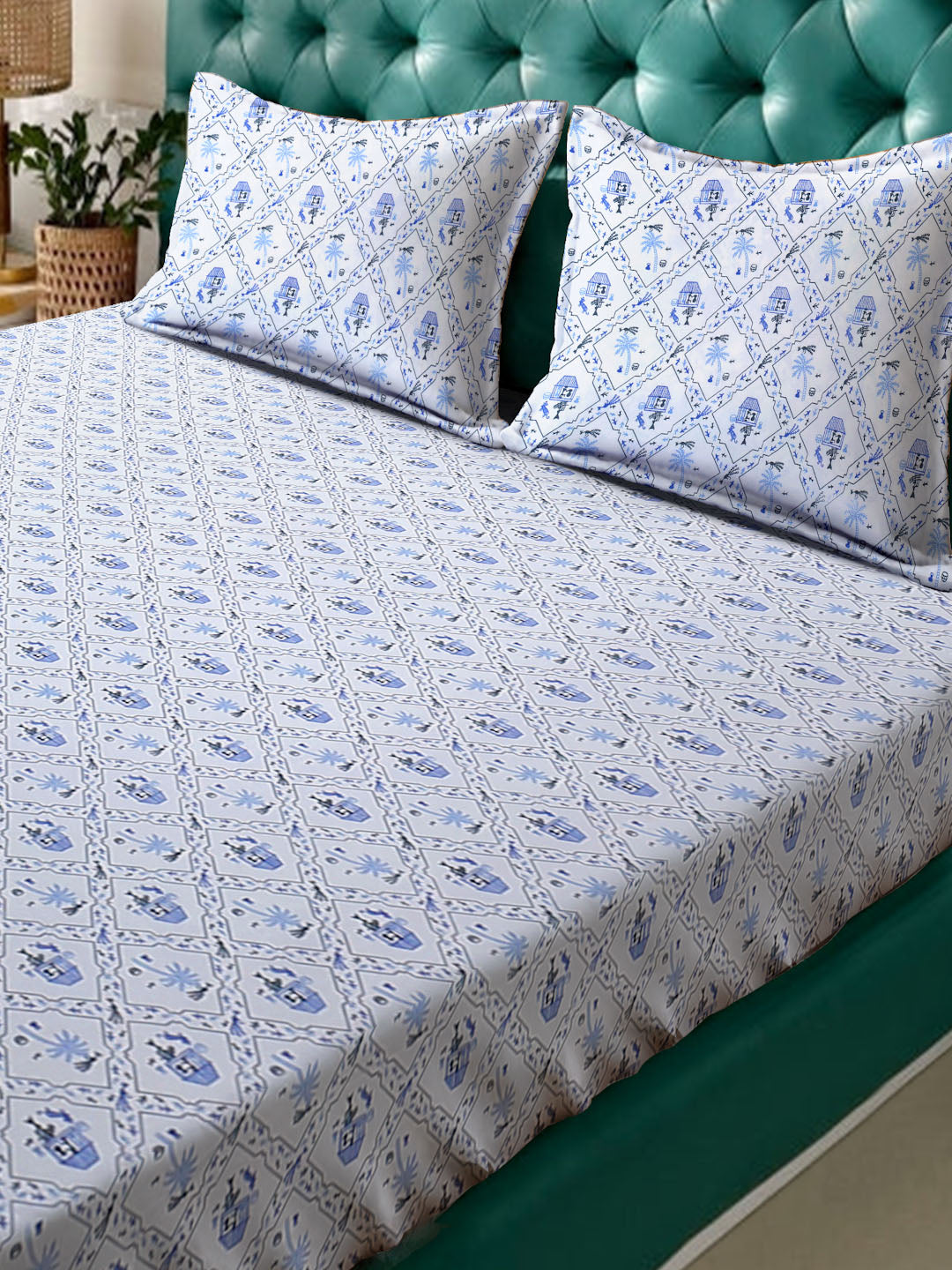 Klotthe White Floral 300 TC Cotton Blend Fitted Double Bedsheet with 2 Pillow Covers