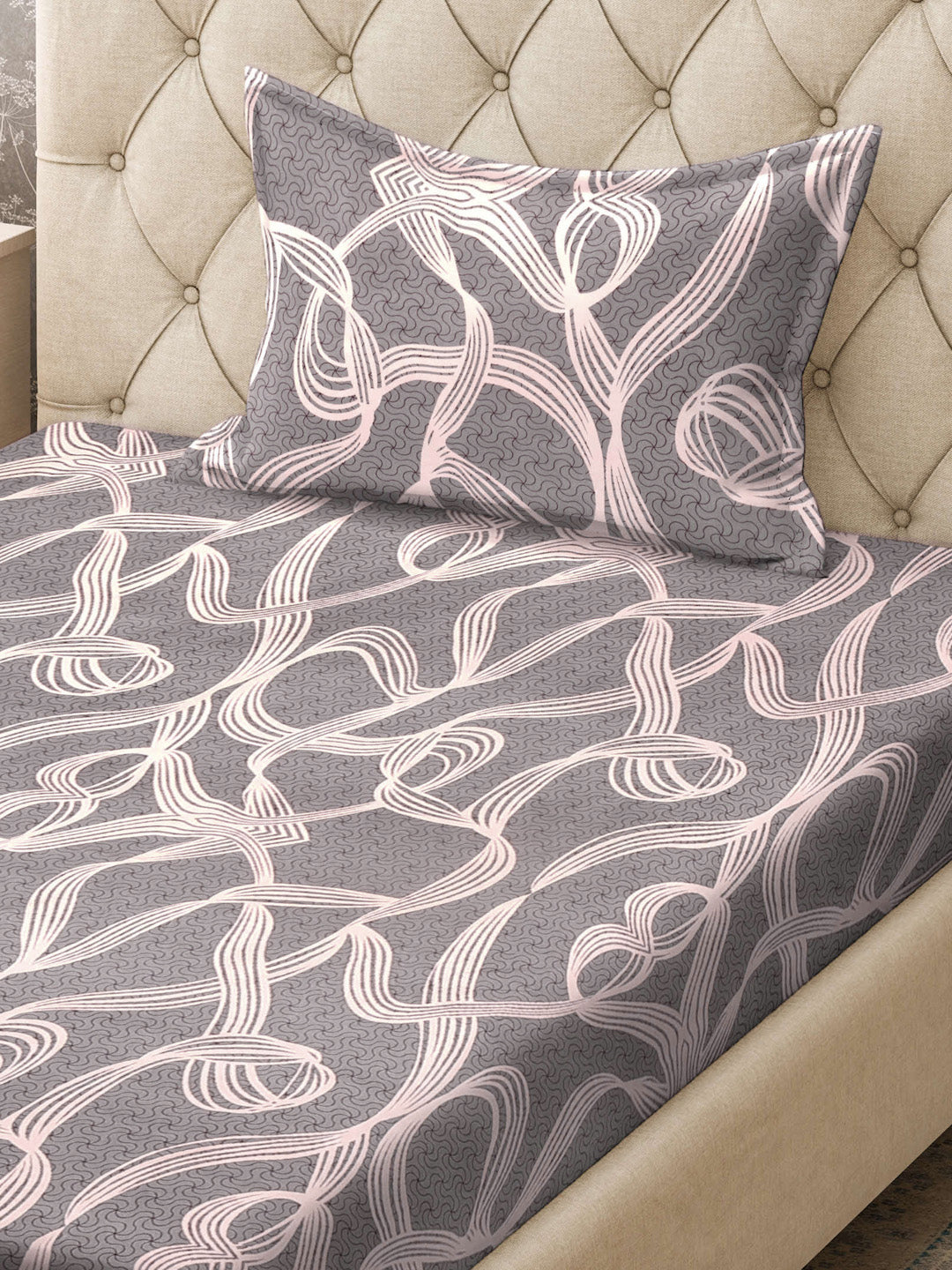 Klotthe Grey Abstract 300 TC Cotton Blend Fitted Single Bedsheet with Pillow Cover