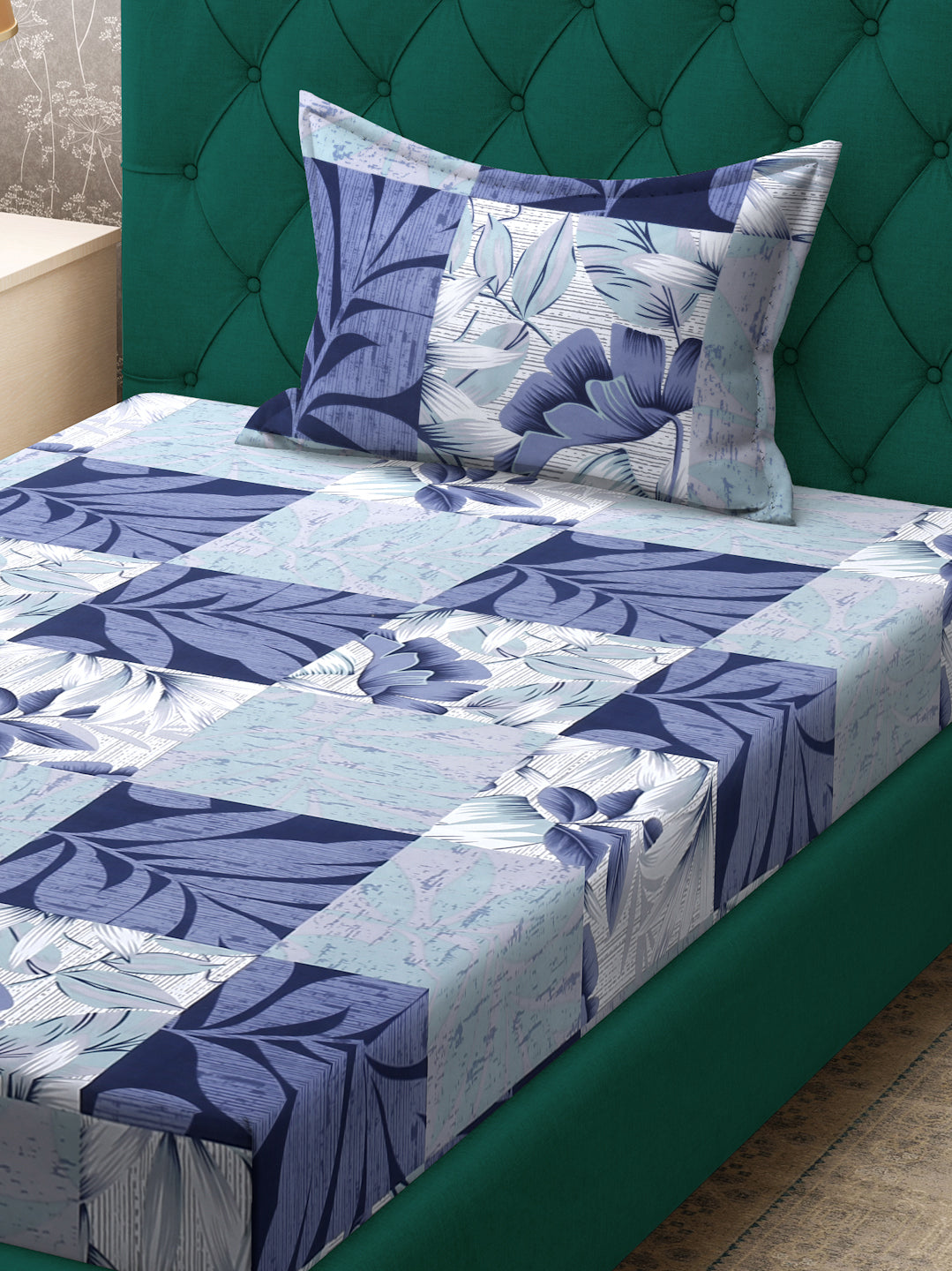 Klotthe Blue Floral 300 TC Cotton Blend Fitted Single Bedsheet Set in Book Fold Packing