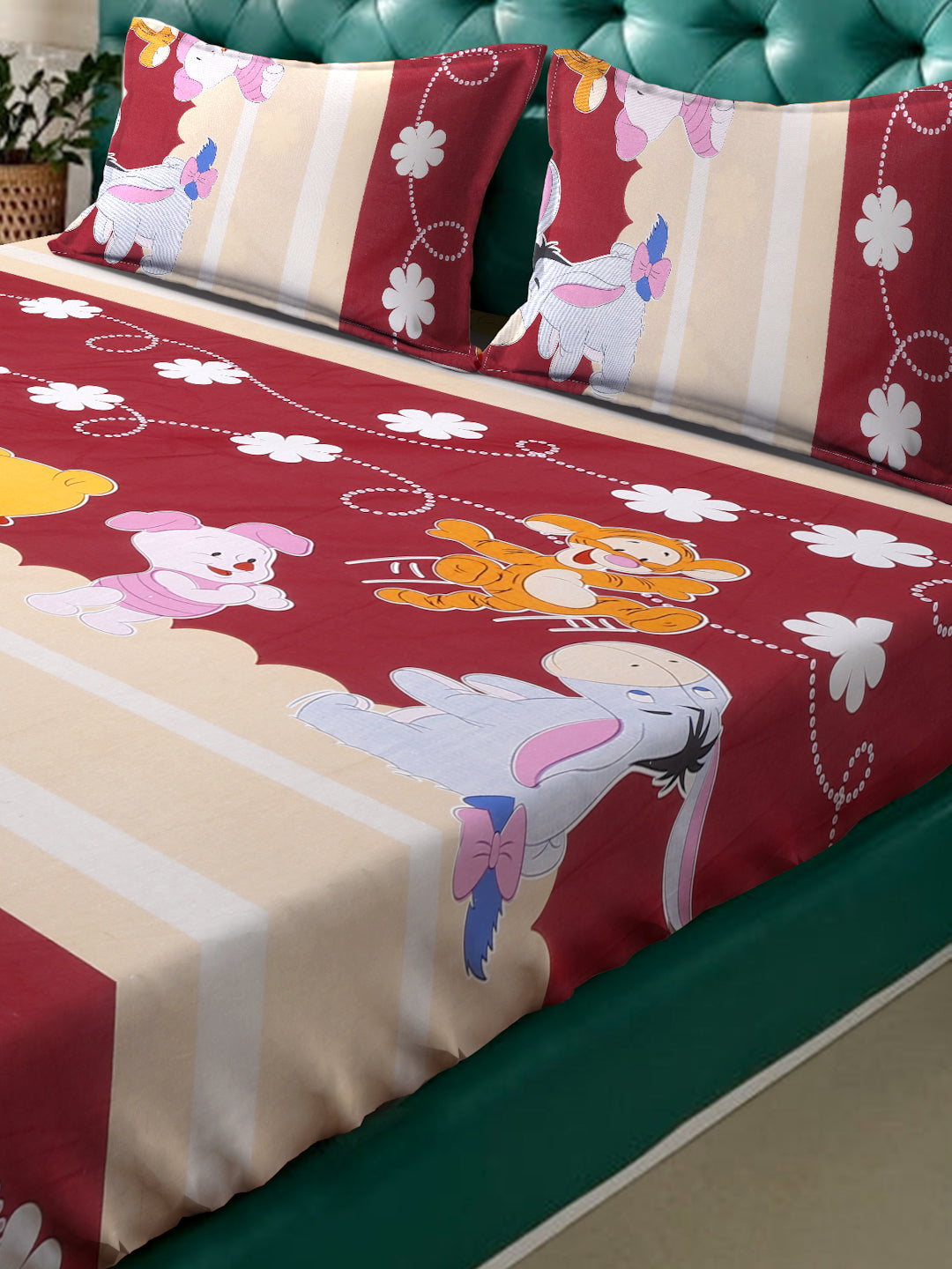 Klotthe Red Cartoon Characters 400 TC Pure Cotton Double Bedsheet with 2 Pillow Covers