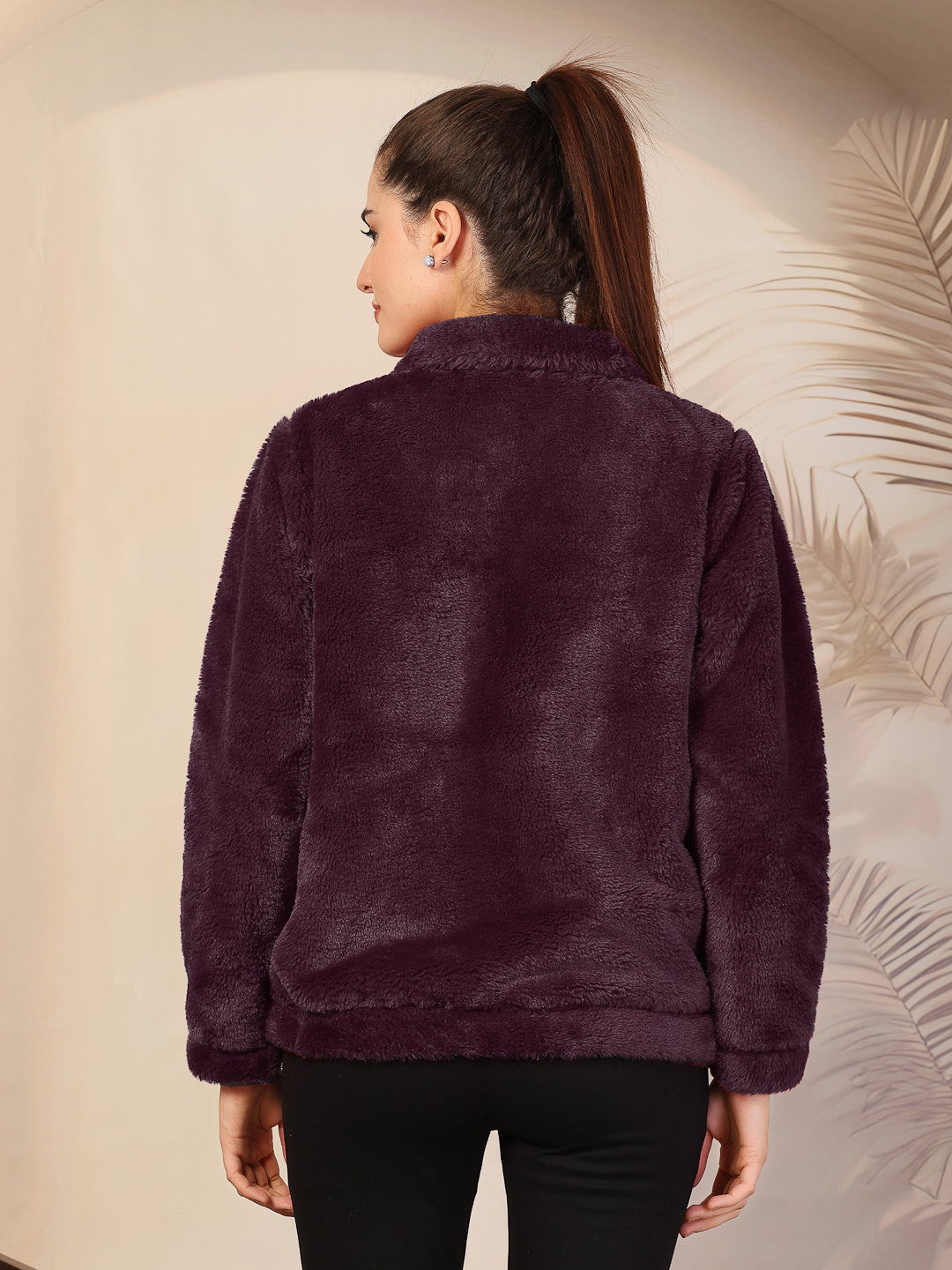 Klotthe Women Wine Solid Woolen Fur Winter Jacket