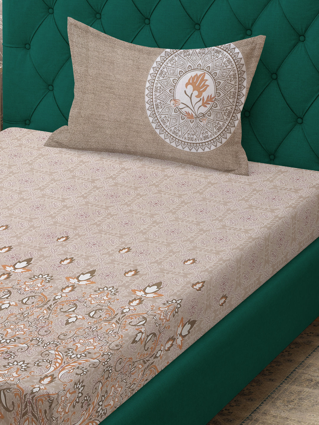 Klotthe Beige Floral 400 TC Pure Cotton Fitted Single Bedsheet with Pillow Cover