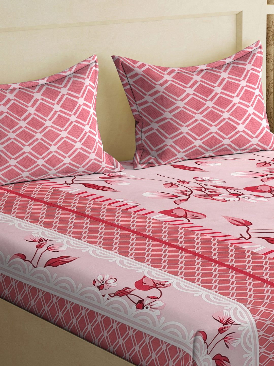 Klotthe Red Floral 300 TC Cotton Blend Double Bedsheet with 2 Pillow Covers