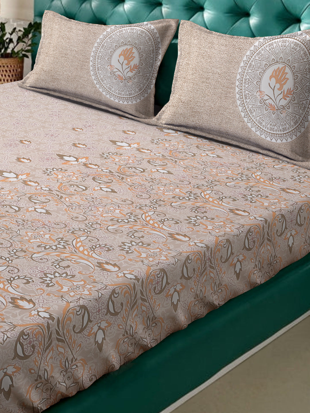 Klotthe Beige Floral 400 TC Pure Cotton Fitted Super King Double Bedsheet with 2 Pillow covers