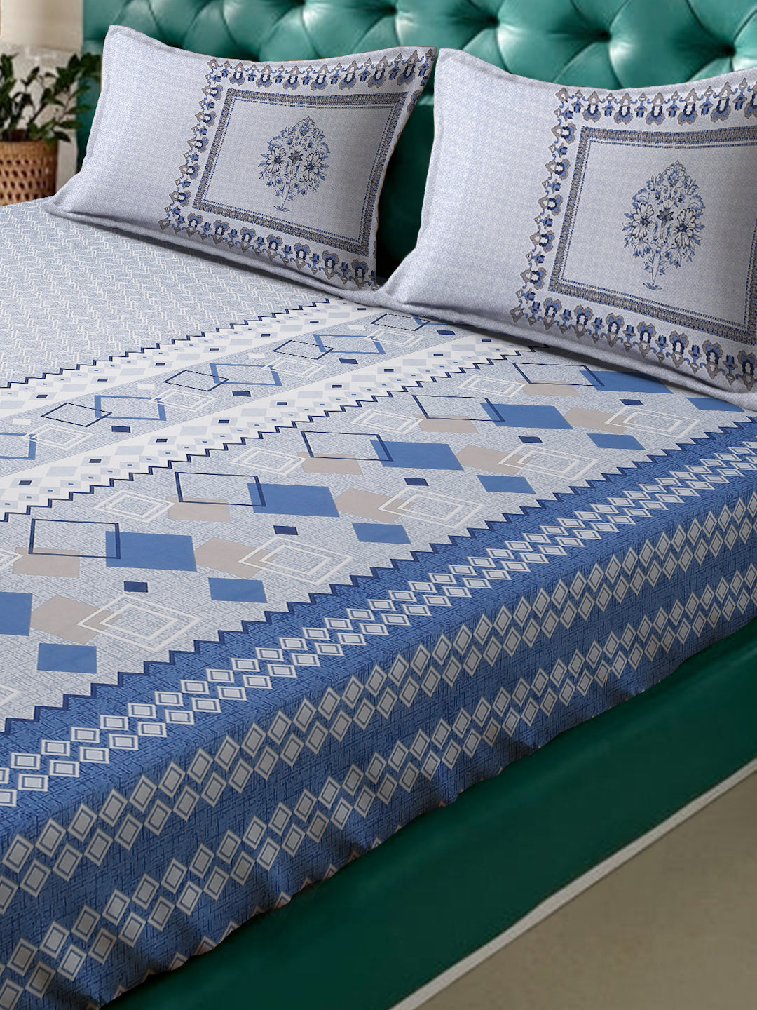Klotthe Blue Geometric 400 TC Pure Cotton Fitted Super King Double Bedsheet with 2 Pillow covers