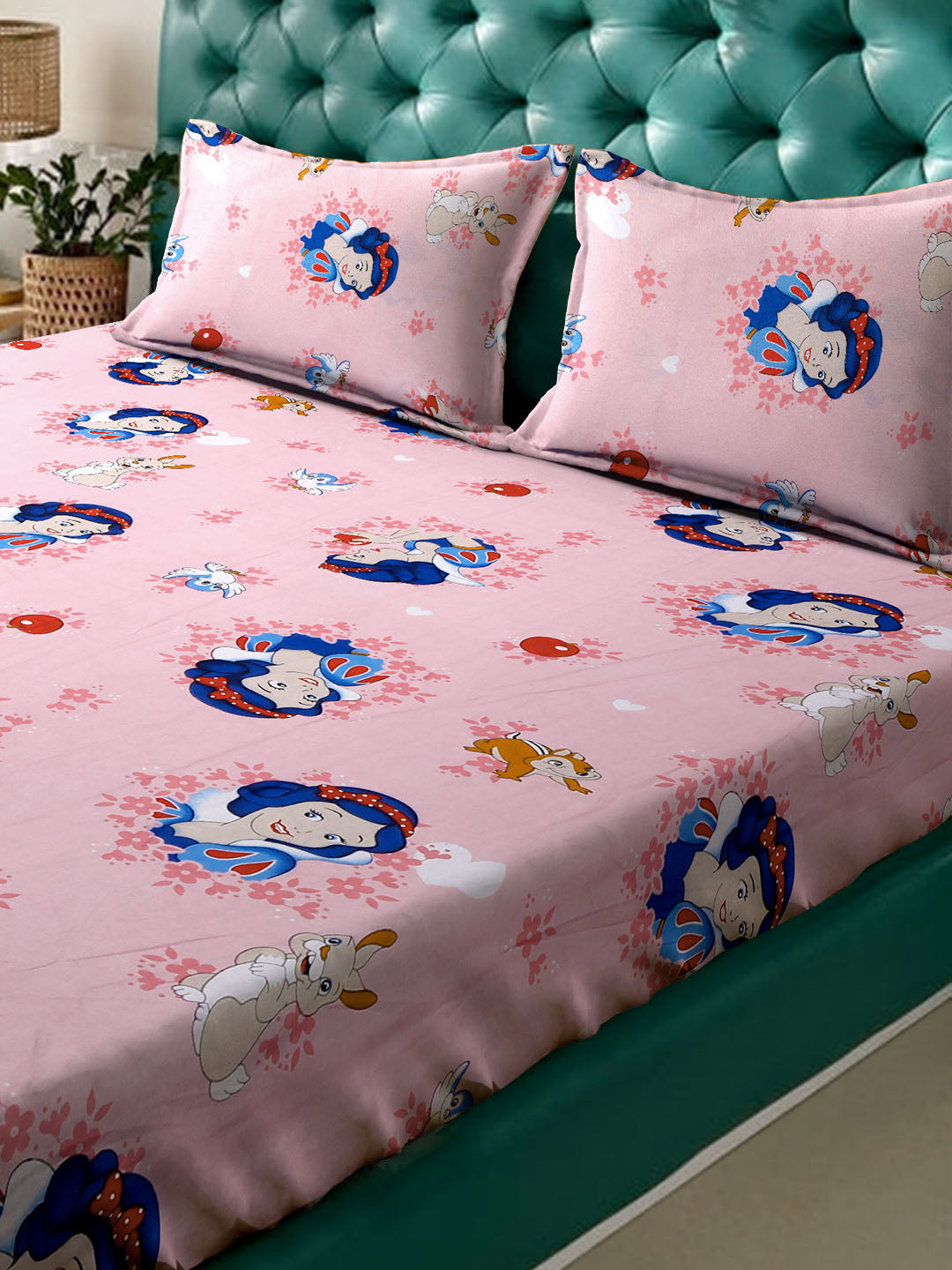 Klotthe Pink Cartoon Characters 400 TC Pure Cotton Fitted Double Bedsheet with 2 Pillow Covers