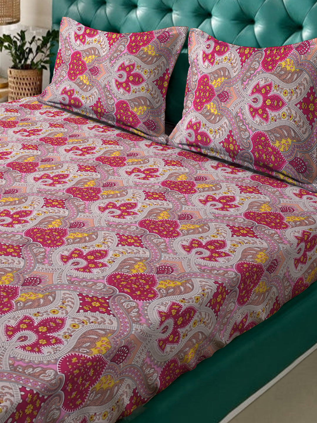 Klotthe Red Ethnic Motifs 300 TC Cotton Blend Fitted Double Bedsheet with 2 Pillow Covers