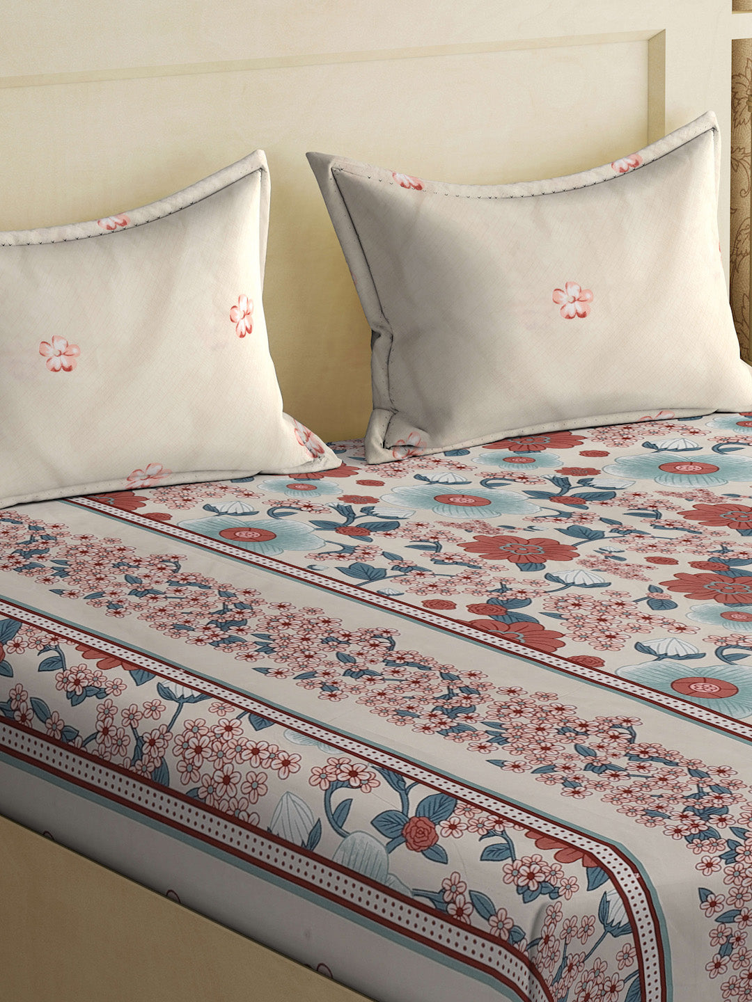 Klotthe Multi Floral 300 TC Cotton Blend Fitted Double Bedsheet with 2 Pillow Covers