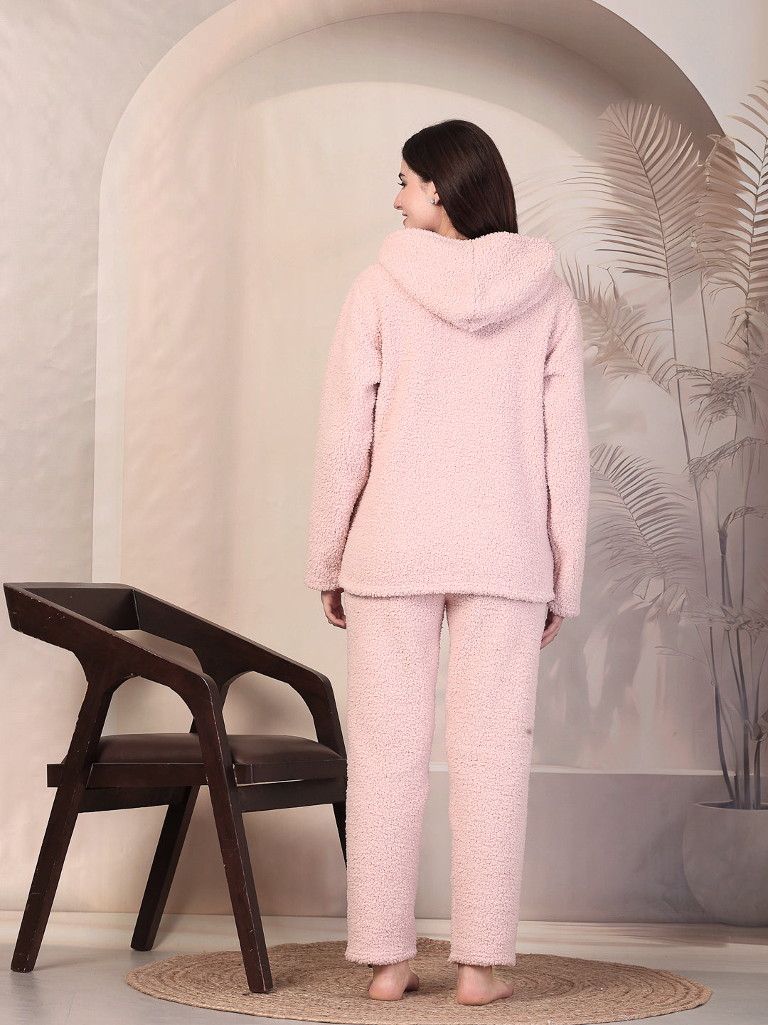 Klotthe Women Light Pink Solid Sherpa Heavy Winter Hooded Woolen Night Suit