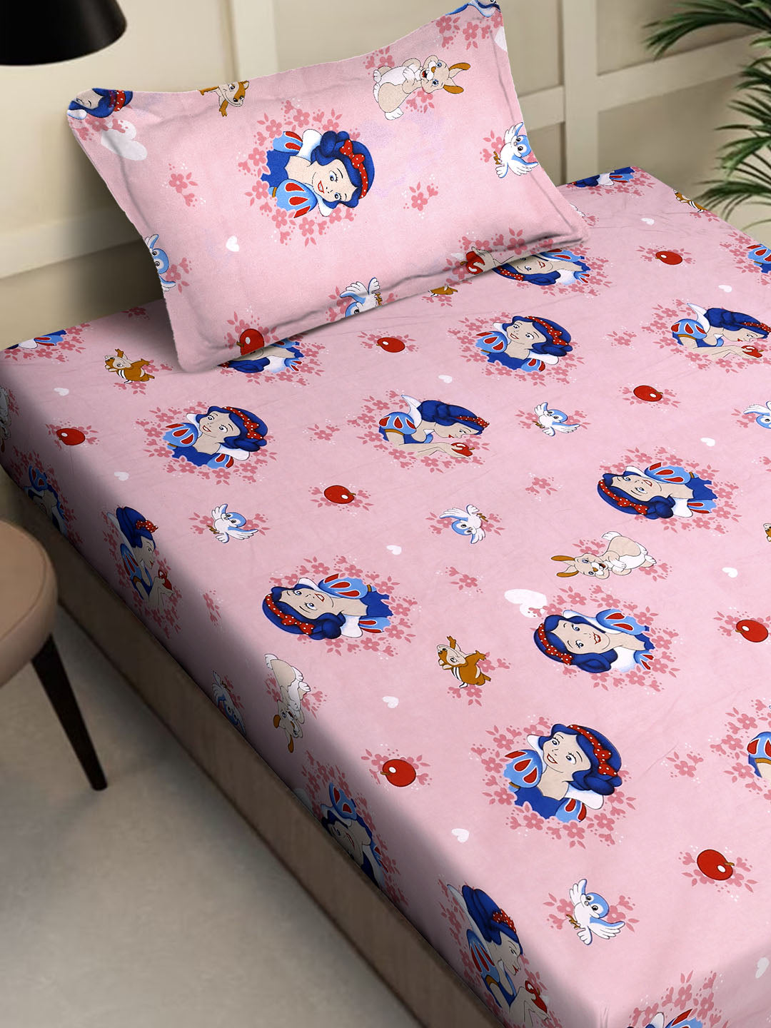 Klotthe Pink Cartoon Characters 400 TC Pure Cotton Single Bedsheet with Pillow Cover