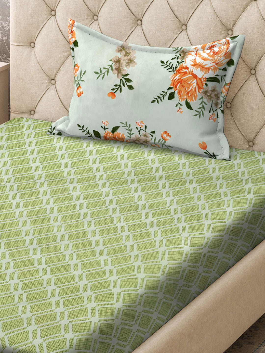 Klotthe Green Geometric 300 TC Cotton Blend Fitted Single Bedsheet with Pillow Cover