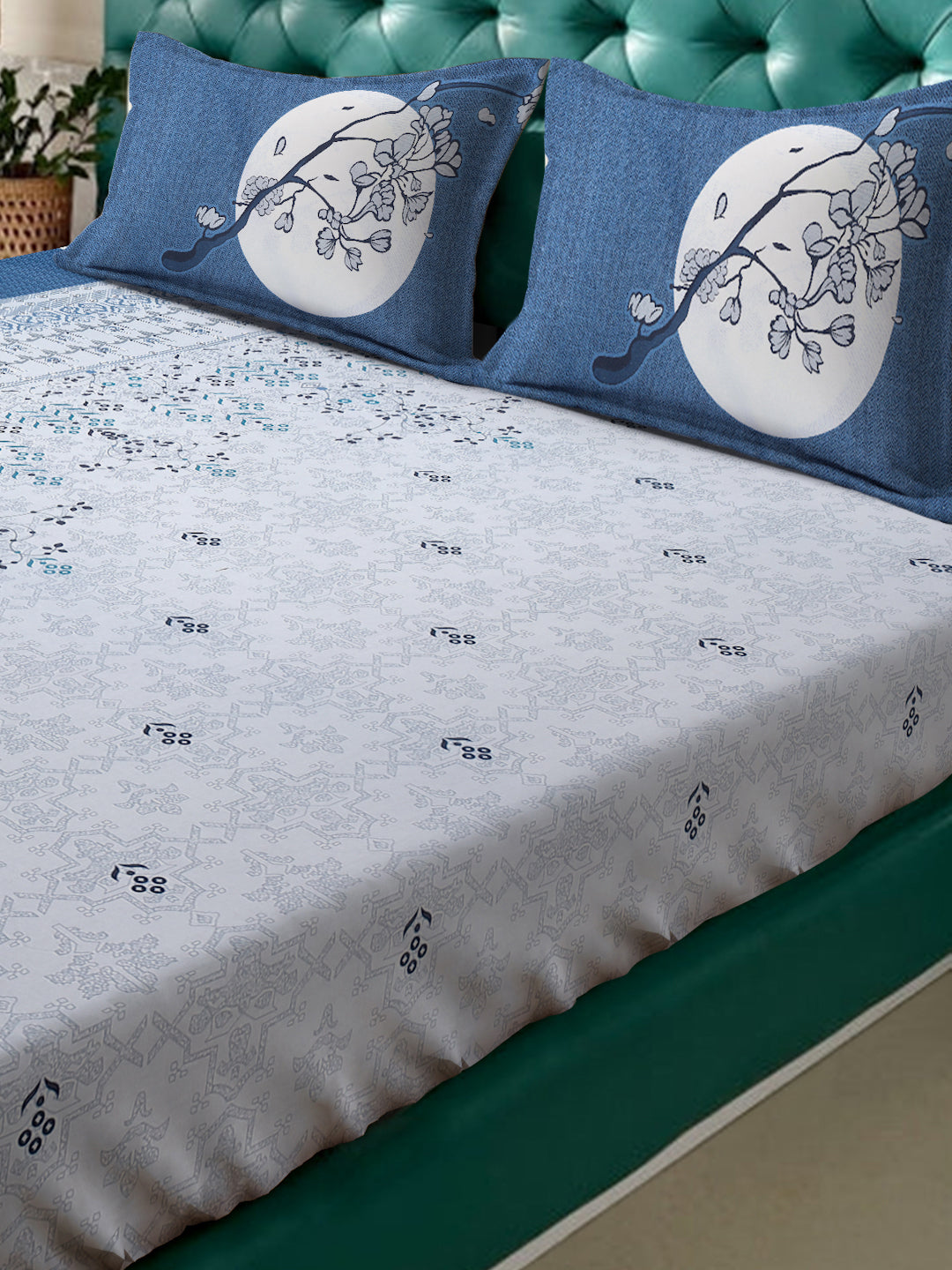 Klotthe Blue Floral 400 TC Pure Cotton Fitted Super King Double Bedsheet with 2 Pillow covers