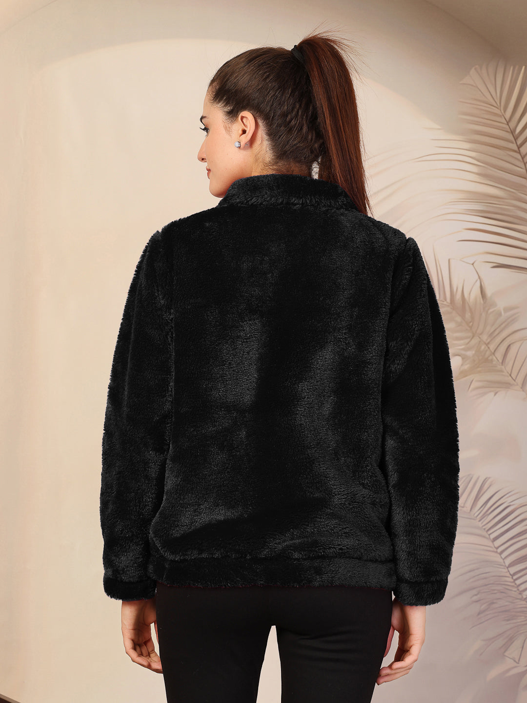 Klotthe Women Black Solid Woolen Fur Winter Jacket