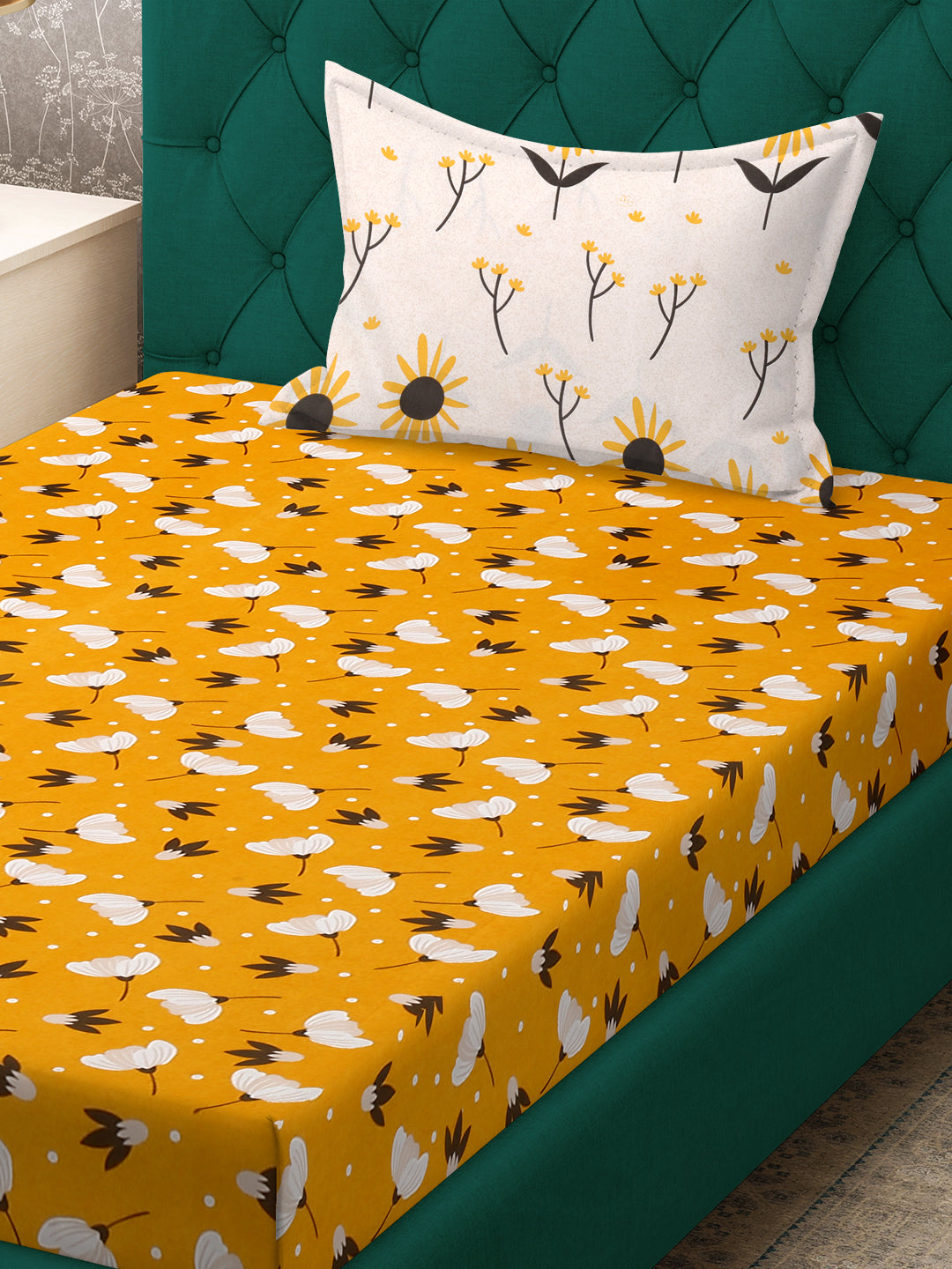 Klotthe Yellow Floral 300 TC Cotton Blend Fitted Single Bedsheet with Pillow Cover