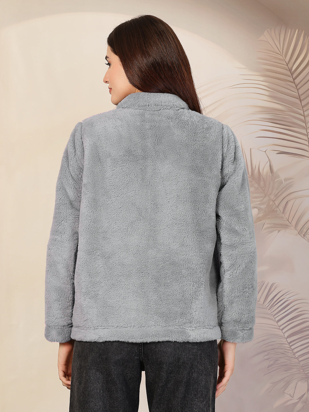 Klotthe Women Grey Solid Woolen Fur Winter Jacket