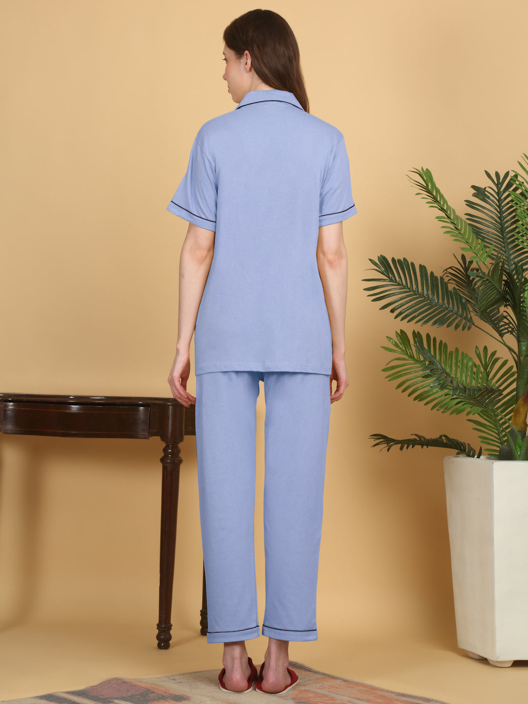 Klotthe Women Sky Blue Solid Cotton Night Suit