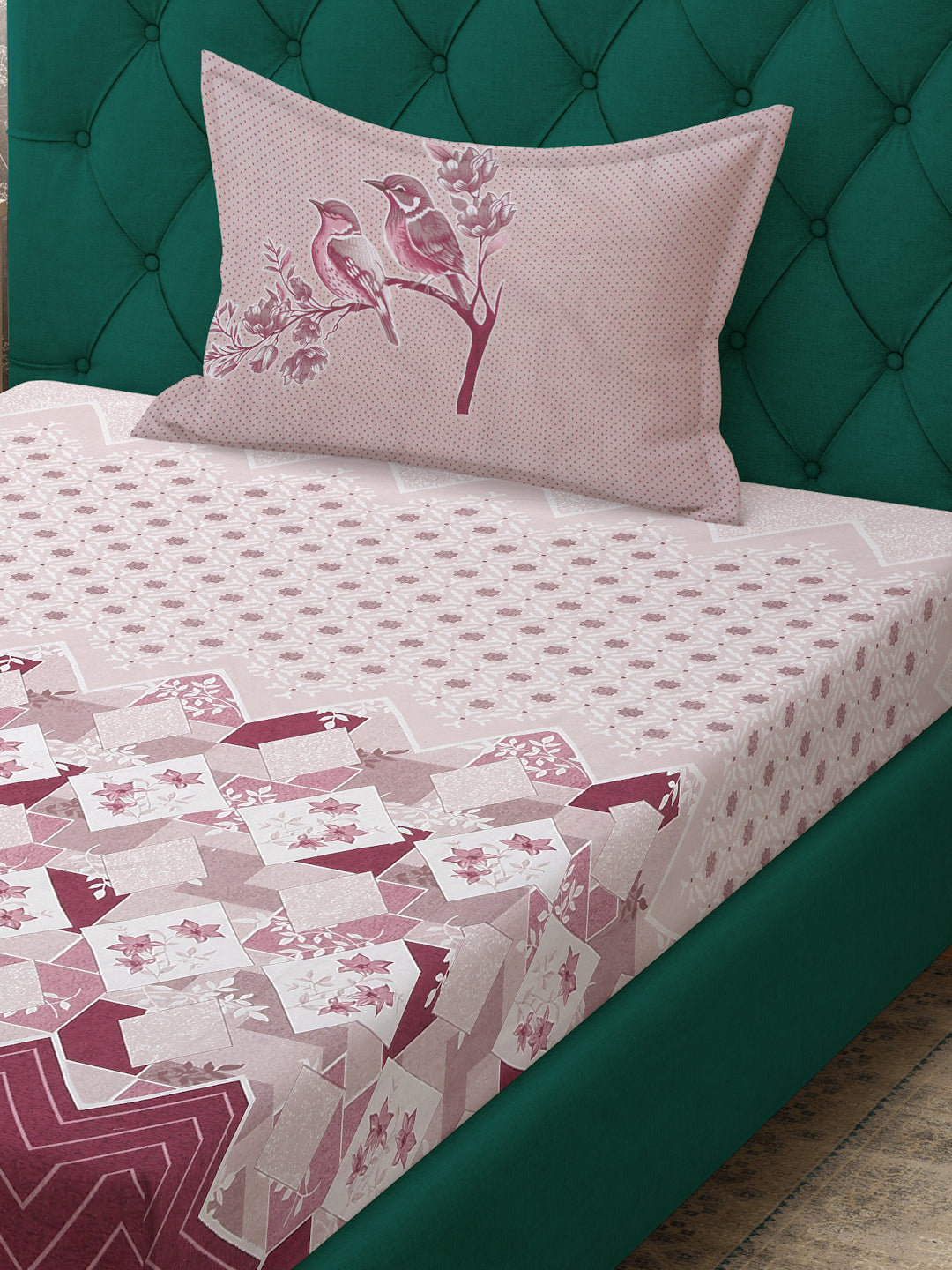 Klotthe Magenta Geometric 400 TC Pure Cotton Fitted Single Bedsheet with Pillow Cover