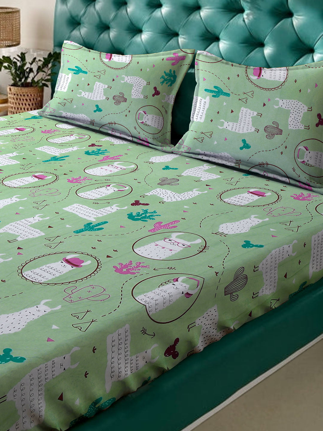 Klotthe Green Cartoon Characters 400 TC Pure Cotton Fitted Double Bedsheet with 2 Pillow Covers