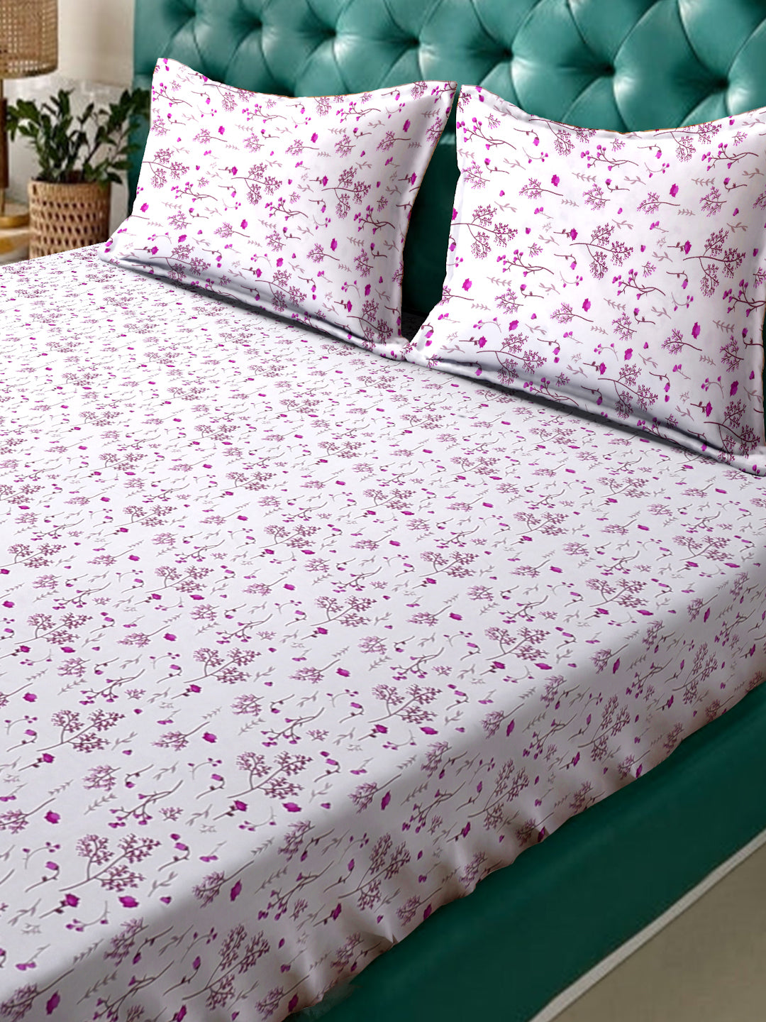 Klotthe White Floral 300 TC Cotton Blend Double Bedsheet with 2 Pillow Covers