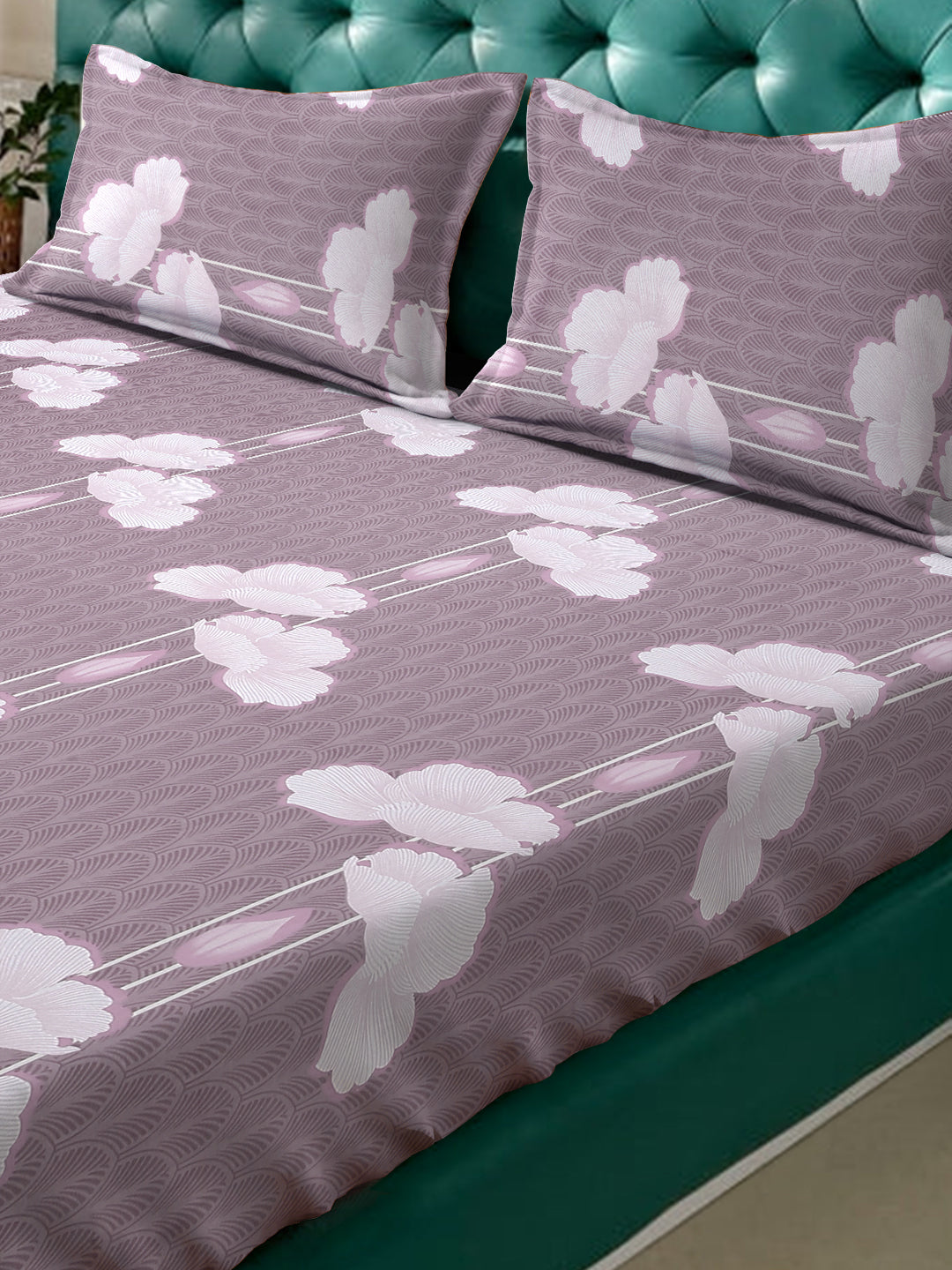 Klotthe Purple Floral 400 TC Pure Cotton Fitted Double Bedsheet with 2 Pillow Covers