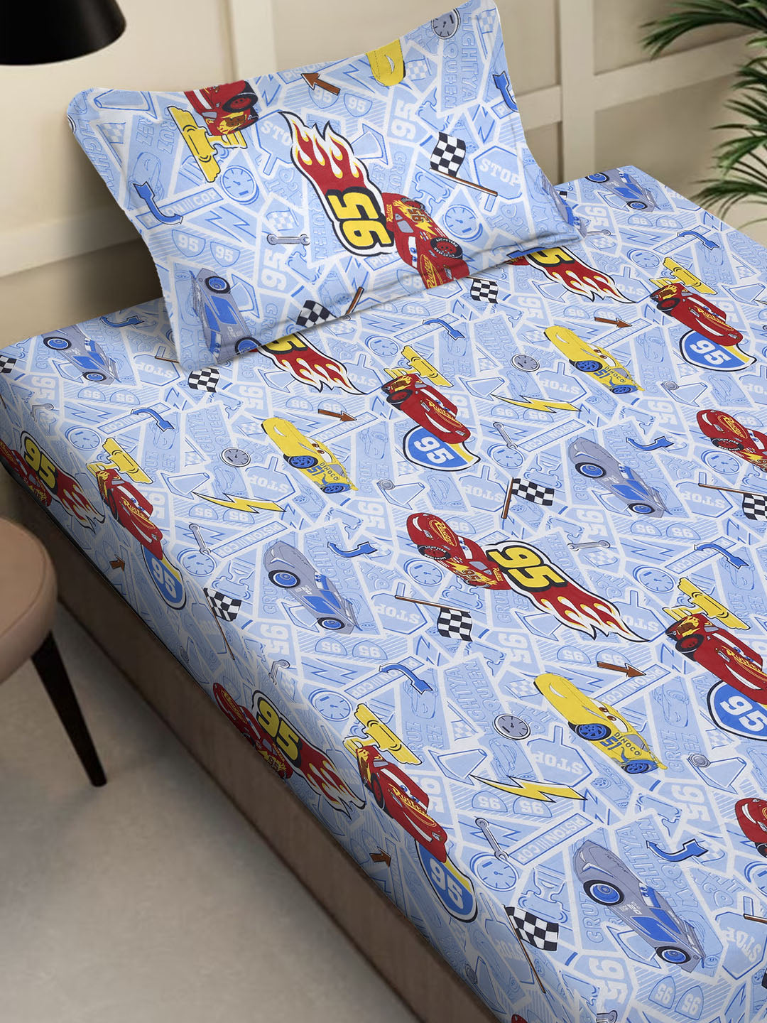 Klotthe SkyBlue Cartoon Characters 400 TC Pure Cotton Fitted Single Bedsheet with Pillow Cover