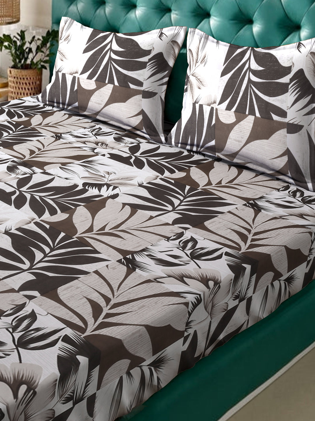 Klotthe Brown Floral 300 TC Cotton Blend Fitted Double Bedsheet with 2 Pillow Covers