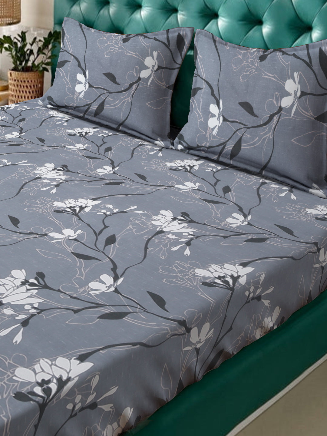 Klotthe Grey Floral 300 TC Cotton Blend Fitted Super King Double Bedsheet in Book Fold Packing