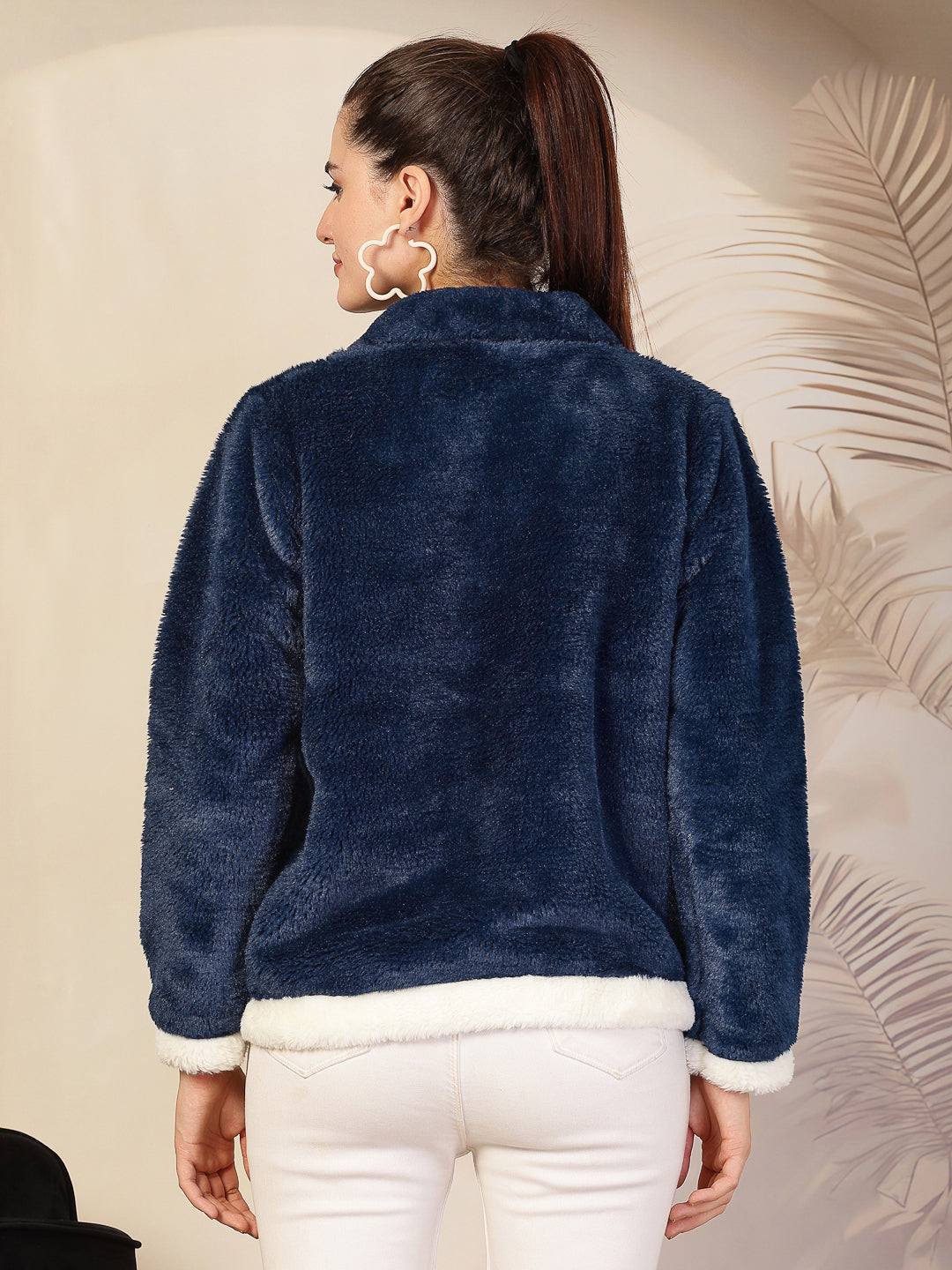 Klotthe Women Blue Solid Woolen Fur Winter Jacket