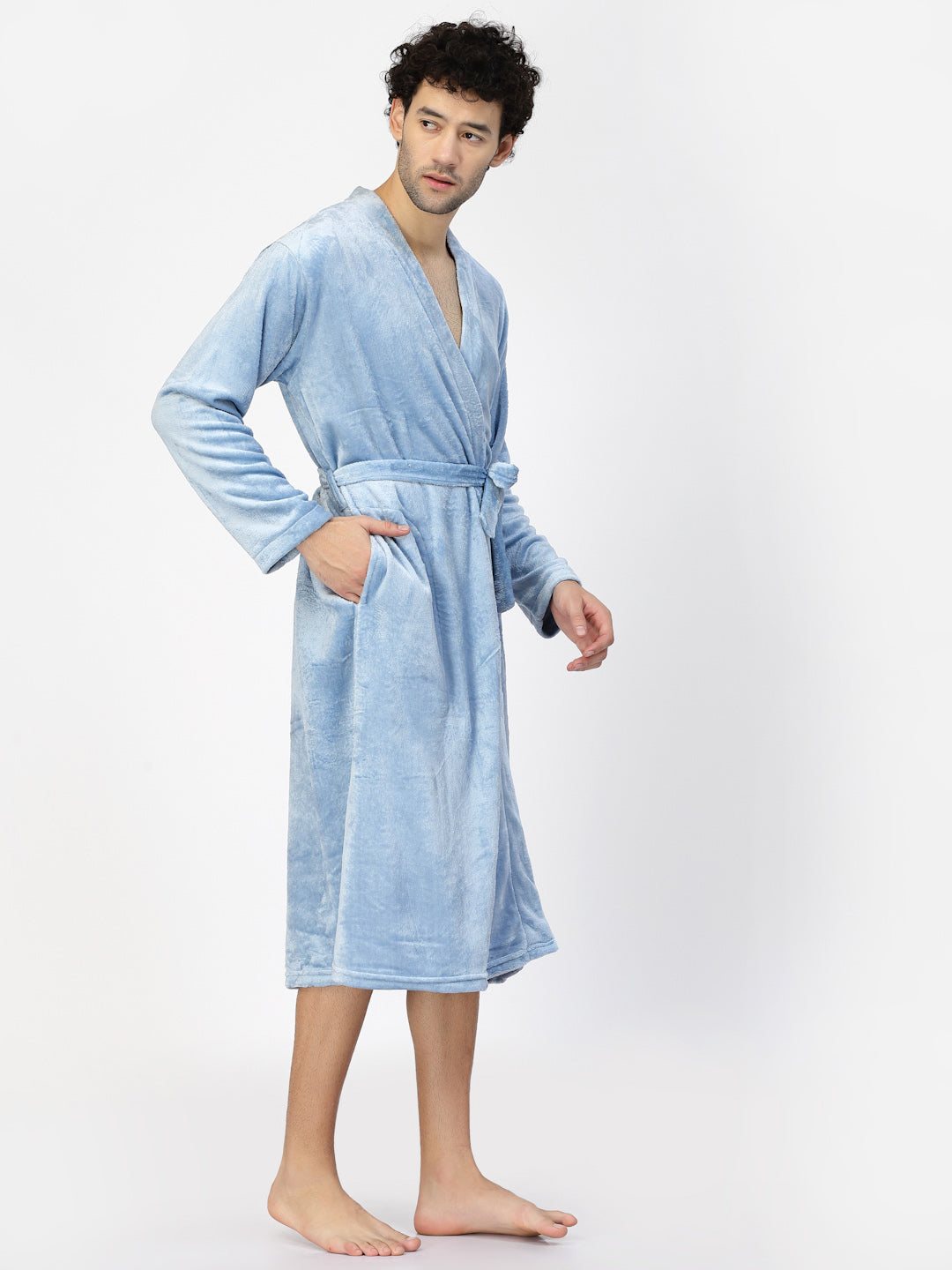 Klotthe Men Blue Solid Bath Robe With Belt