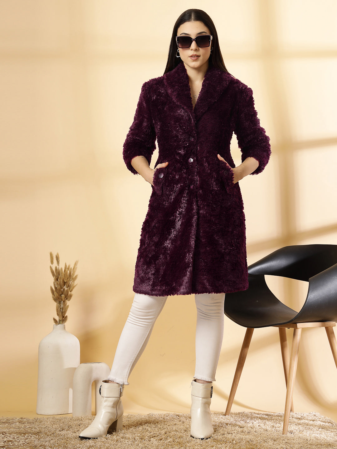 Wine Long Sleeve Single-Breasted Woolen Overcoat by KLOTTHE®