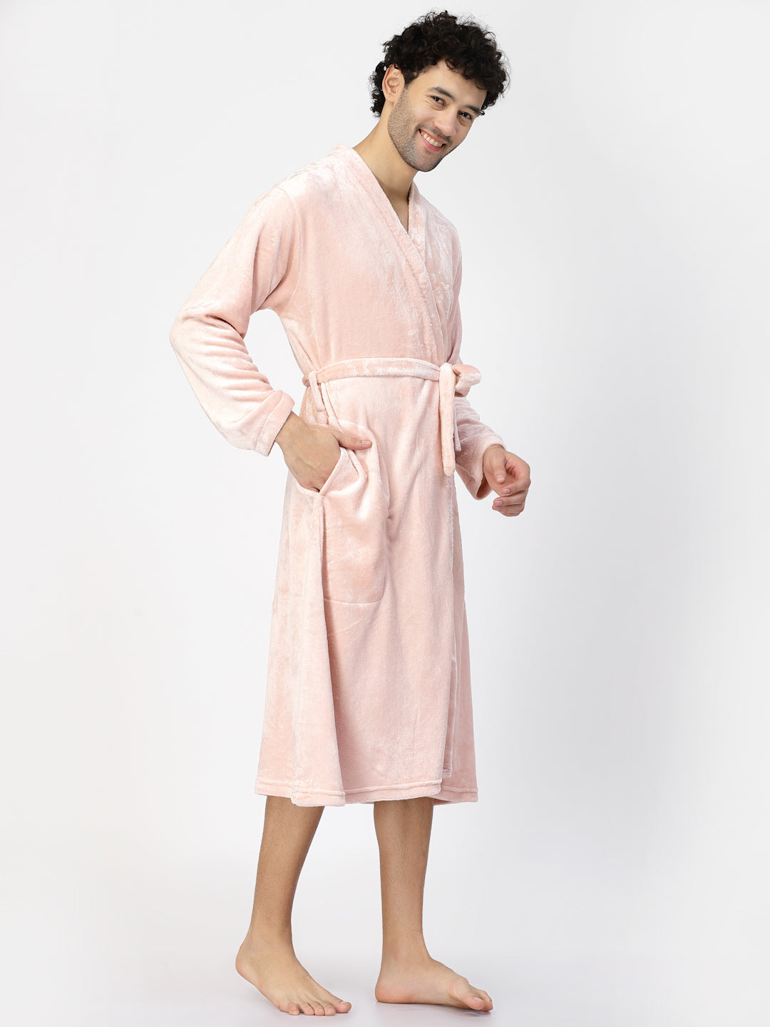 Klotthe Men Pink Solid Bath Robe With Belt