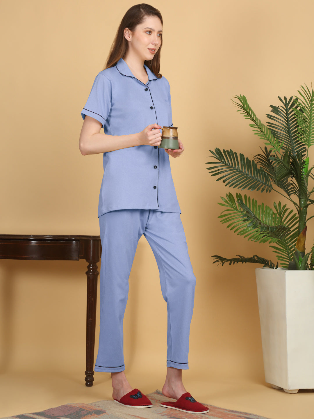 Klotthe Women Sky Blue Solid Cotton Night Suit