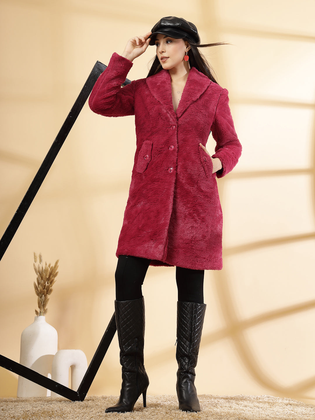 Red Long Sleeve Single-Breasted Woolen Overcoat by KLOTTHE®