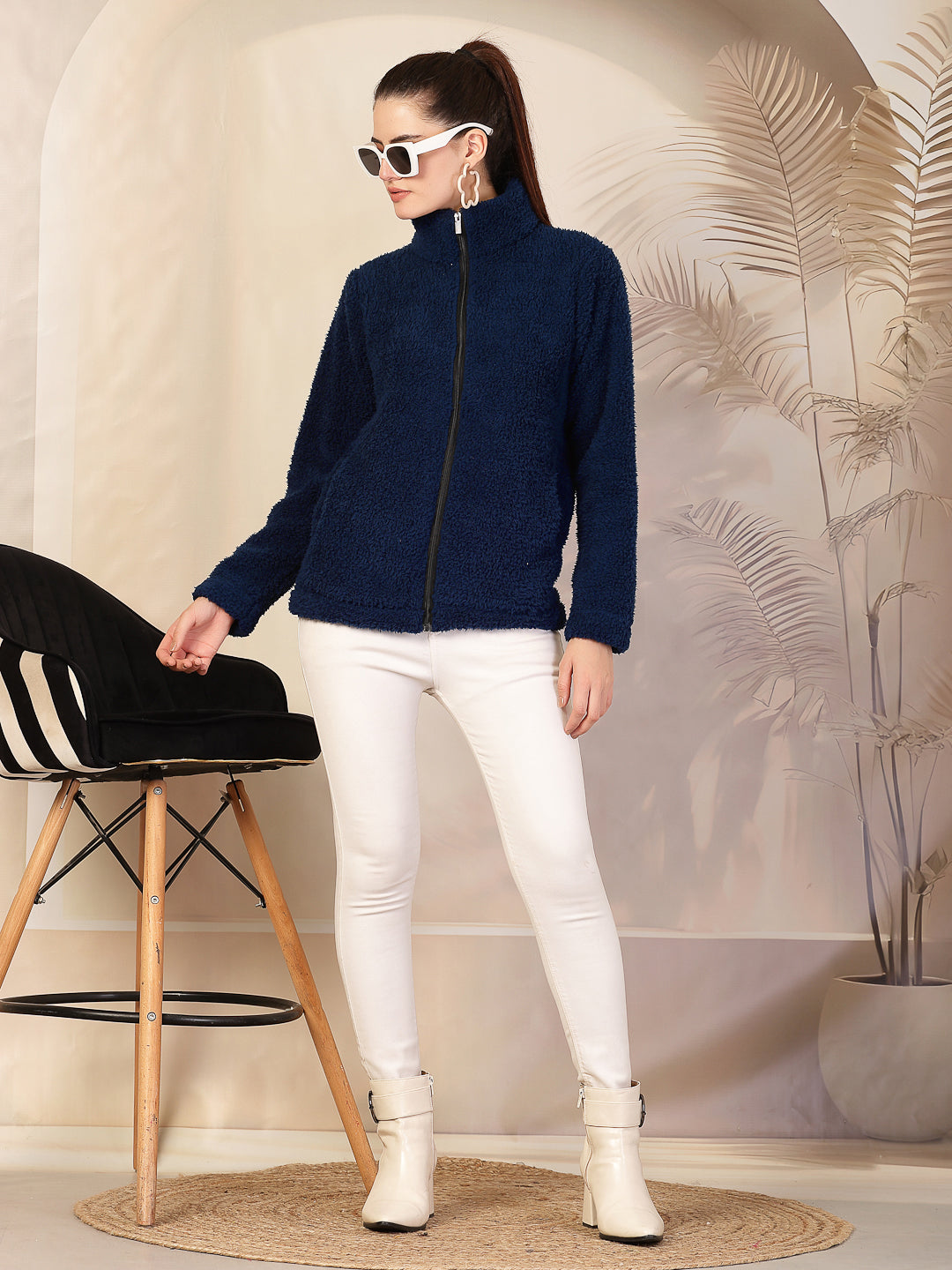 Klotthe Women Blue Solid Sherpa Heavy Winter Jacket