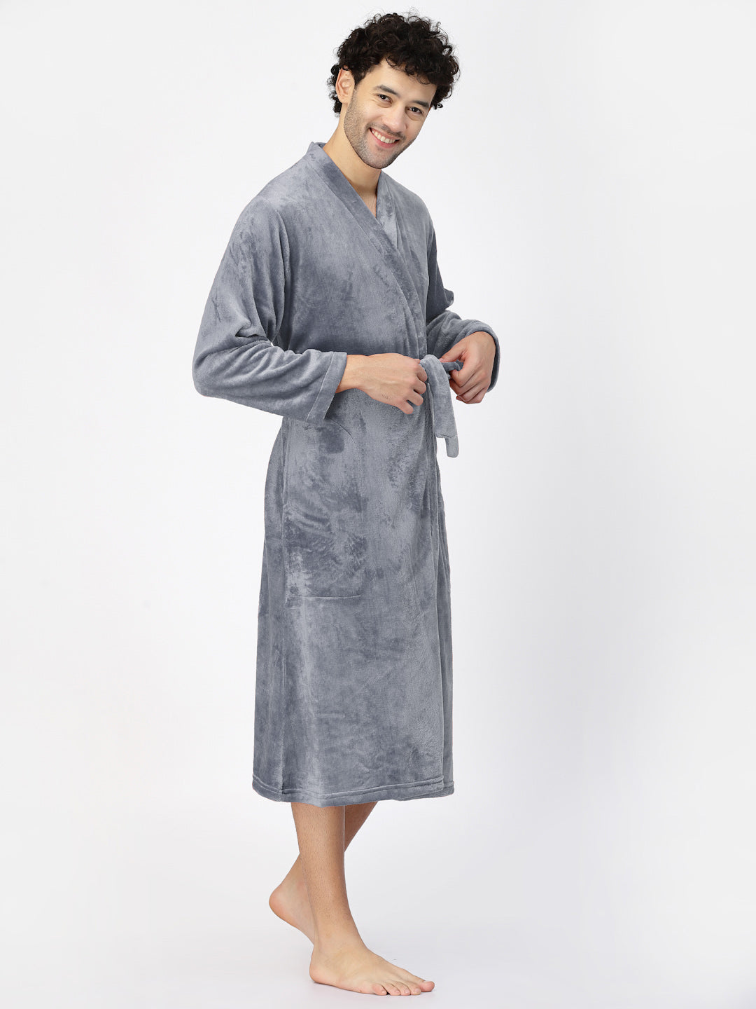 Klotthe Men Grey Solid Bath Robe With Belt