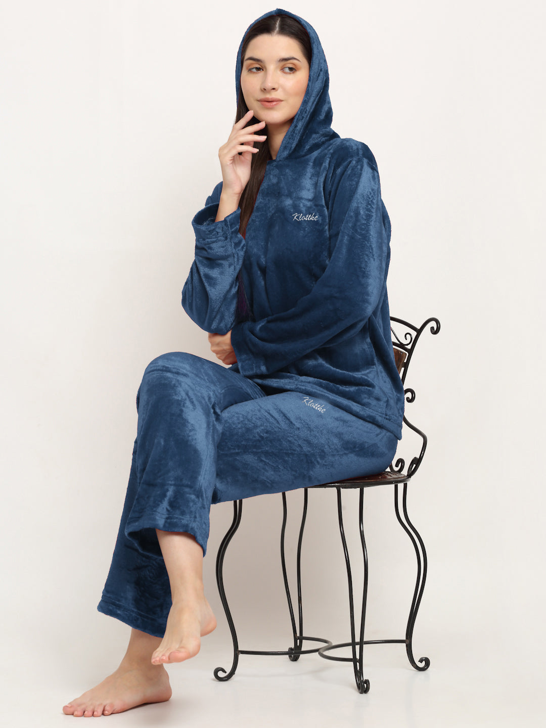 Woolen Fleece Winter Warm Hooded Night Suit for Women by KLOTTHE®