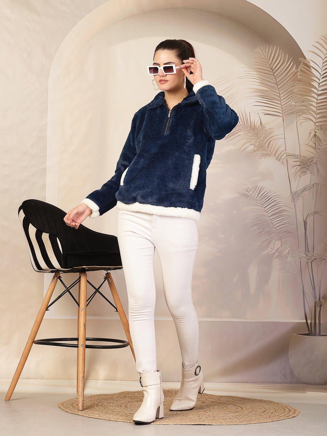 Klotthe Women Blue Solid Woolen Fur Winter Jacket