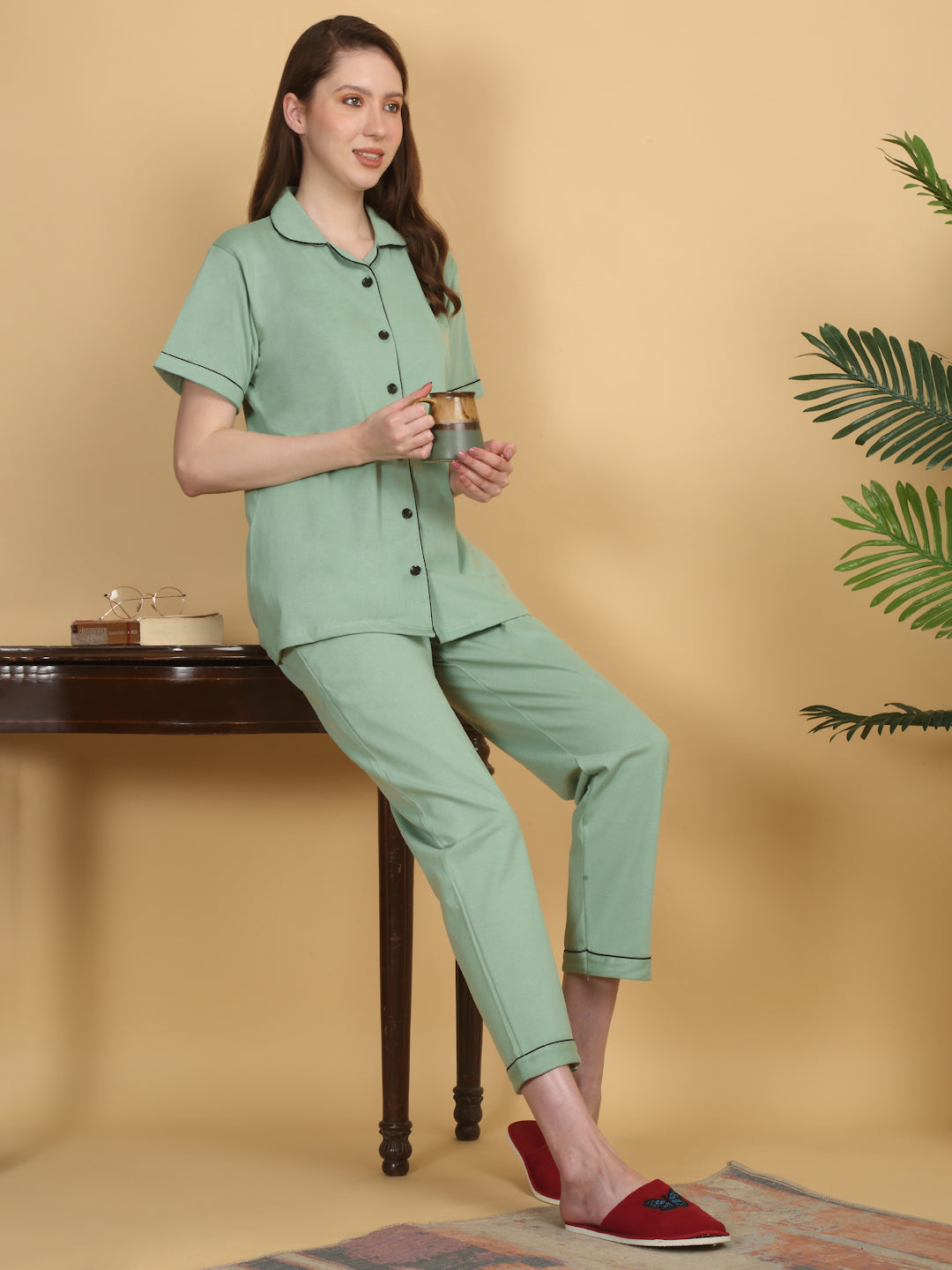 Klotthe Women Green Solid Cotton Night Suit