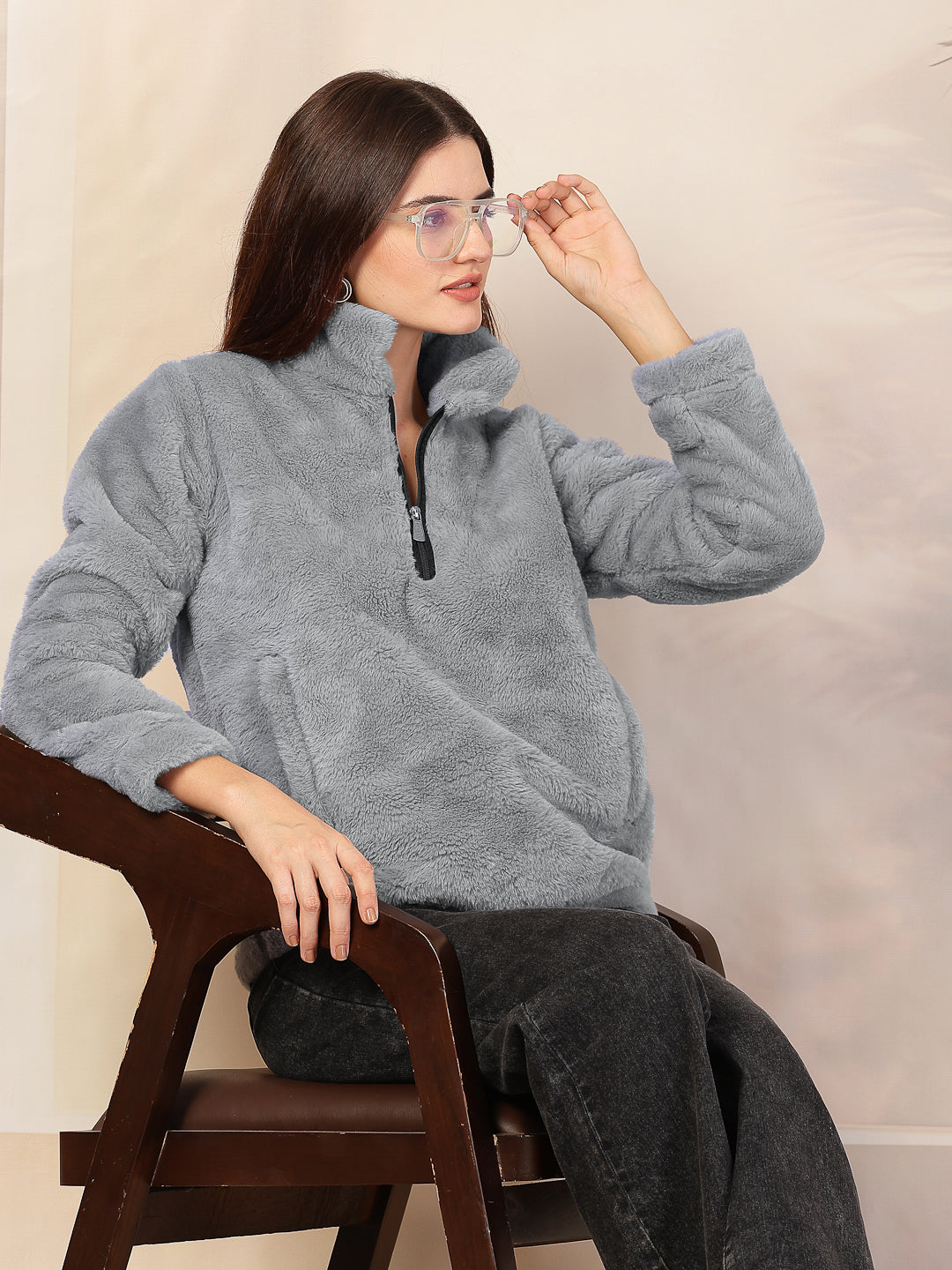 Klotthe Women Grey Solid Woolen Fur Winter Jacket