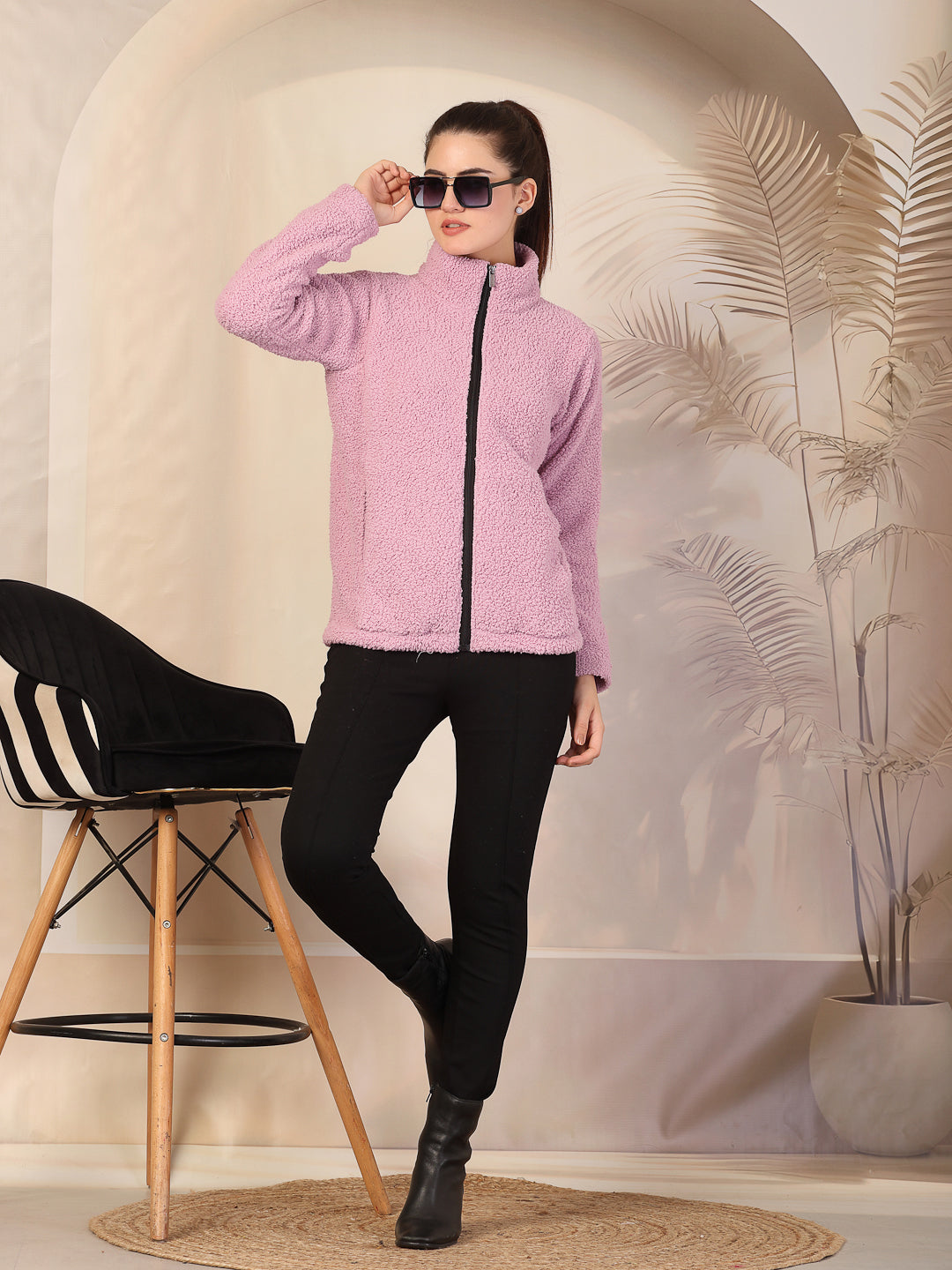 Klotthe Women Pink Solid Sherpa Heavy Winter Jacket