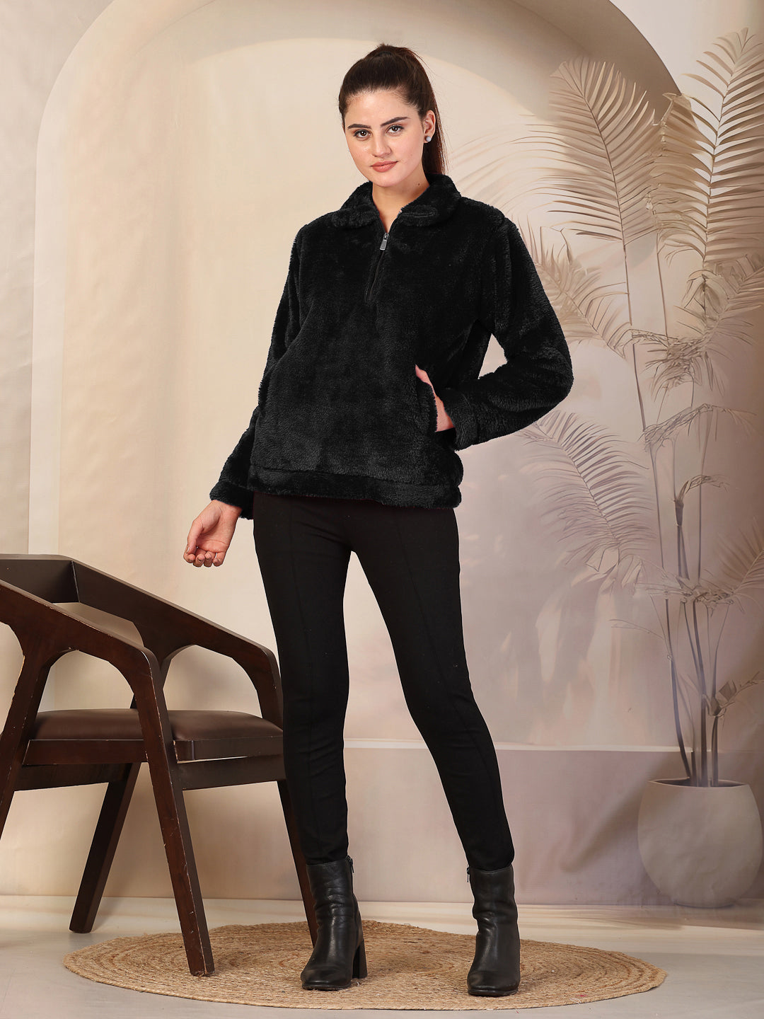 Klotthe Women Black Solid Woolen Fur Winter Jacket