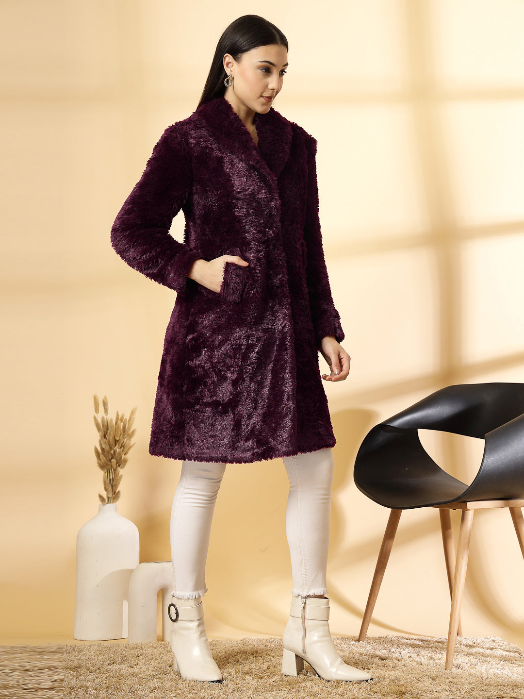 Wine Long Sleeve Single-Breasted Woolen Overcoat by KLOTTHE®