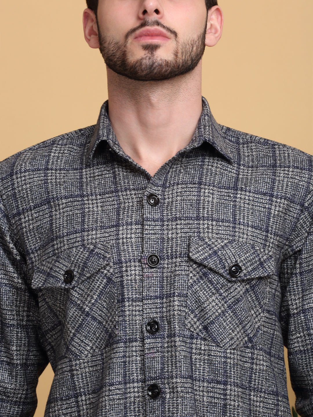 Klotthe Men Black Checked Spread Collar Woolen Casual Shirt