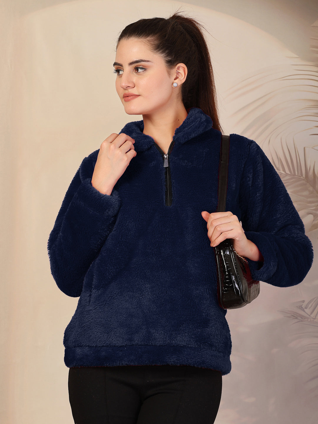 Klotthe Women Blue Solid Woolen Fur Winter Jacket