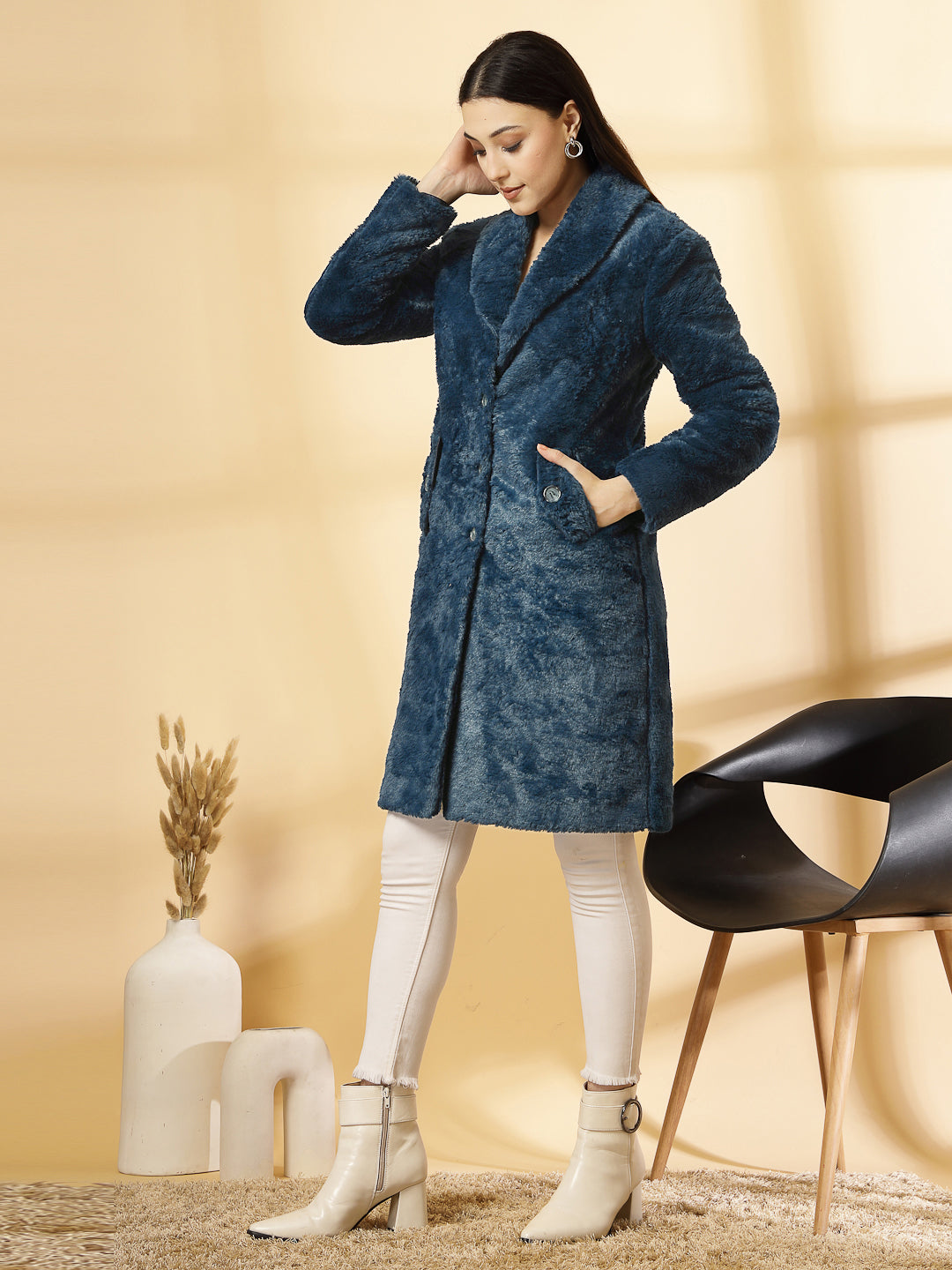 Blue Long Sleeve Single-Breasted Woolen Overcoat by KLOTTHE®