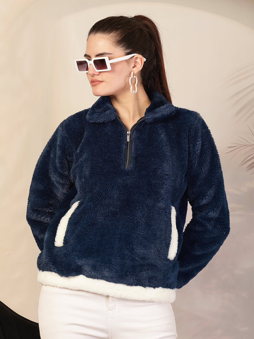 Klotthe Women Blue Solid Woolen Fur Winter Jacket