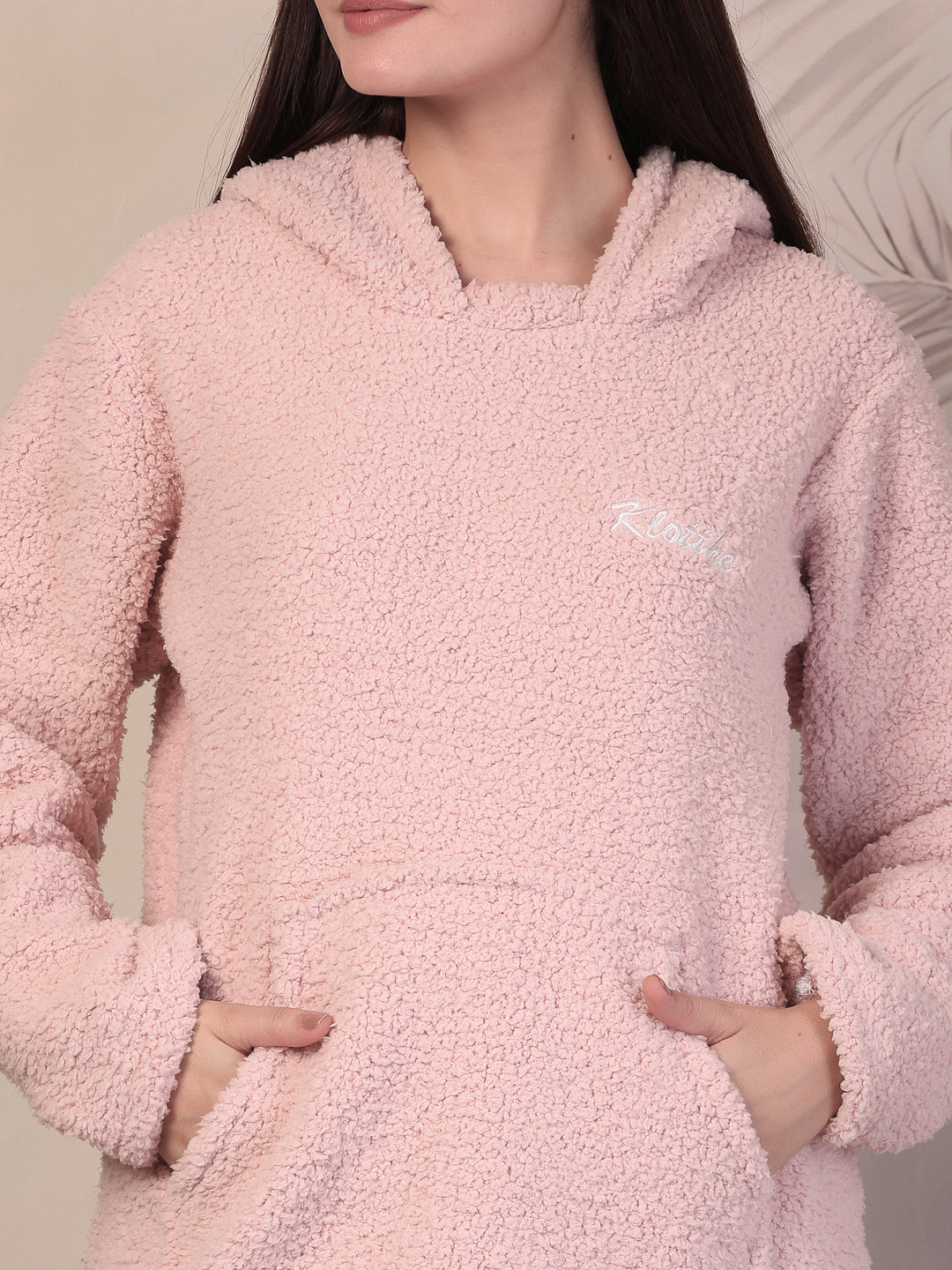 Klotthe Women Light Pink Solid Sherpa Heavy Winter Hooded Woolen Night Suit