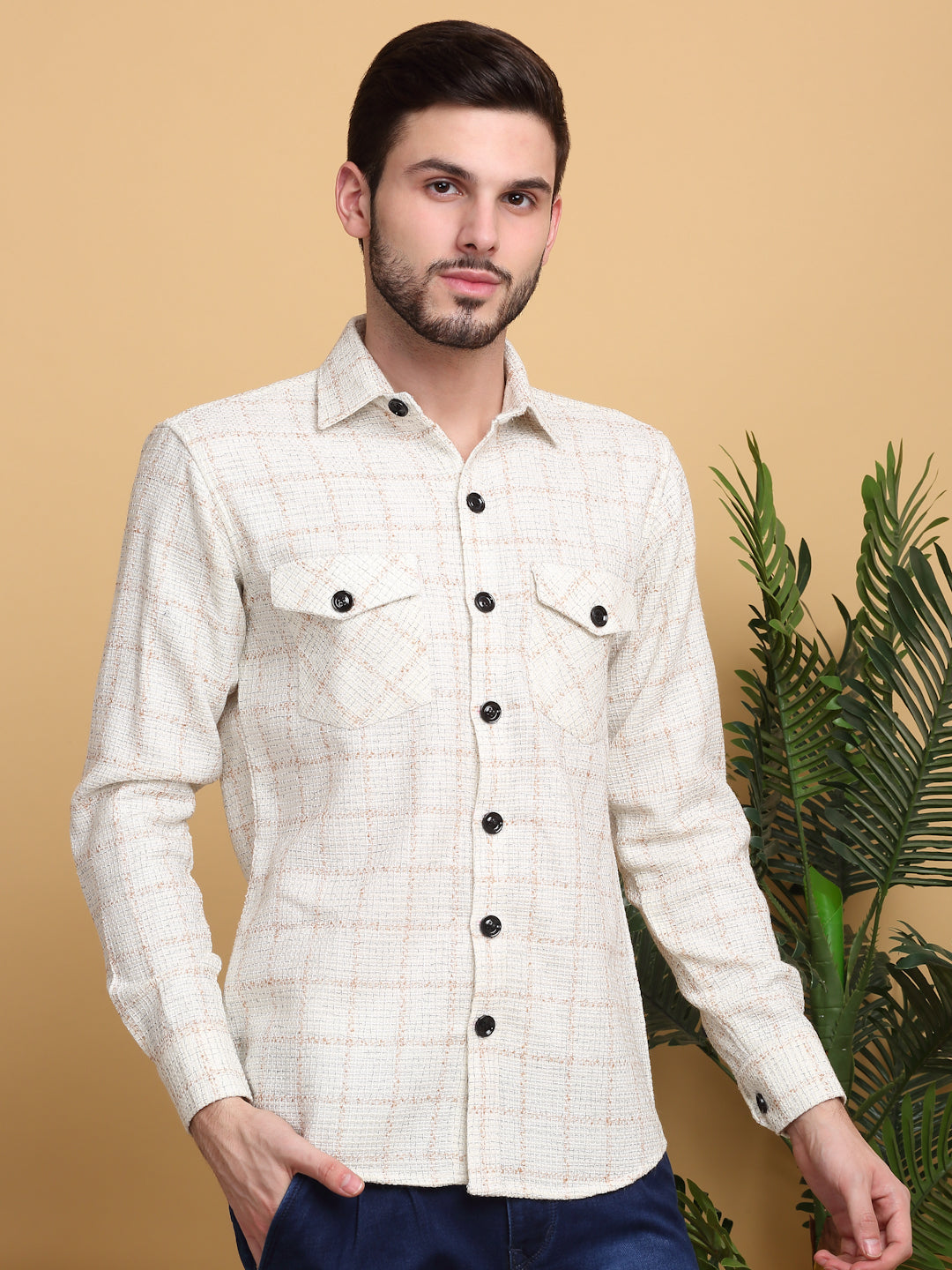 Klotthe Men OffWhite Checked Spread Collar Woolen Casual Shirt